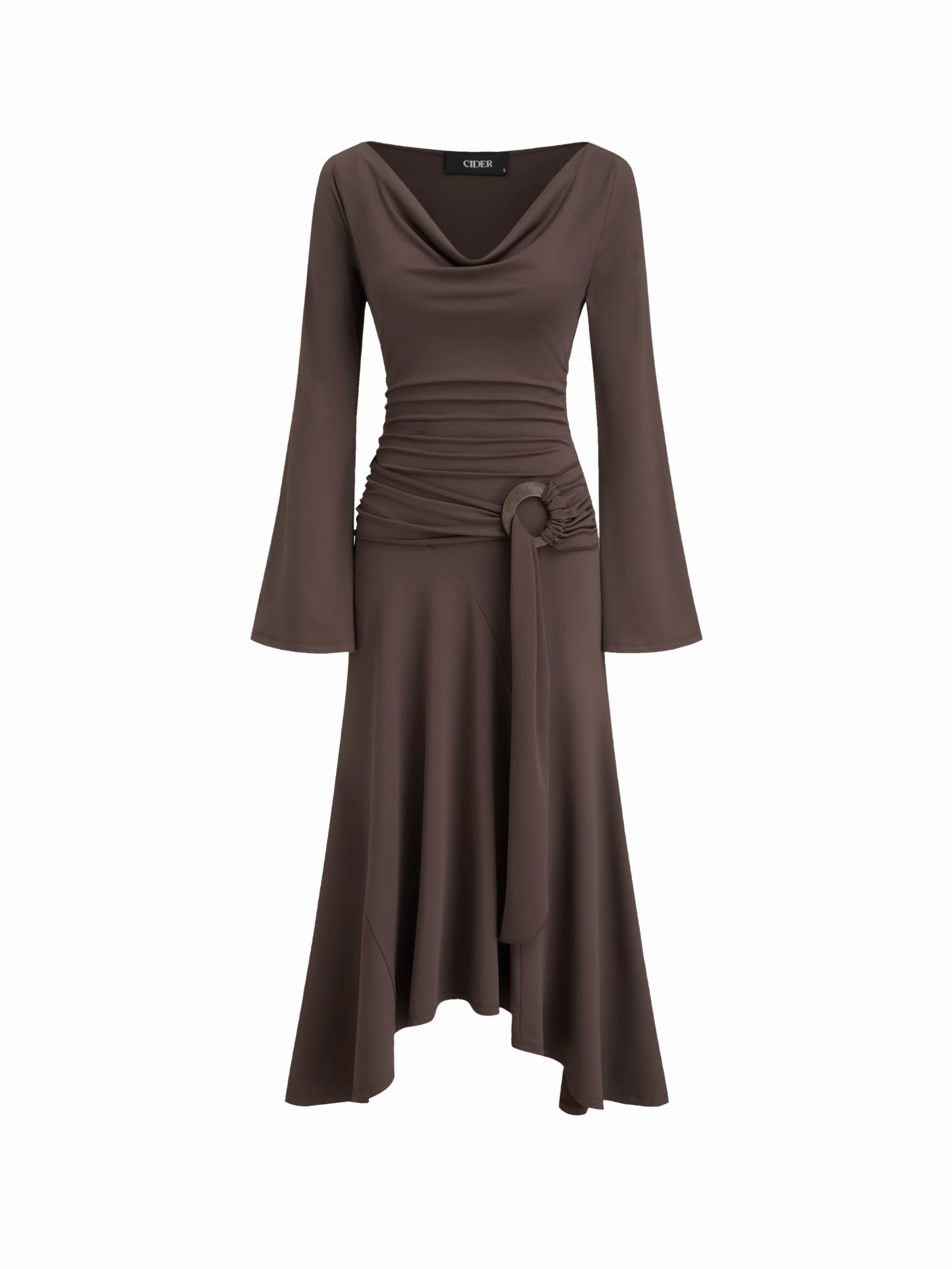 Cowl Neck Bell Sleeve O-Ring Ruched Ruffle Hem Midi Dress