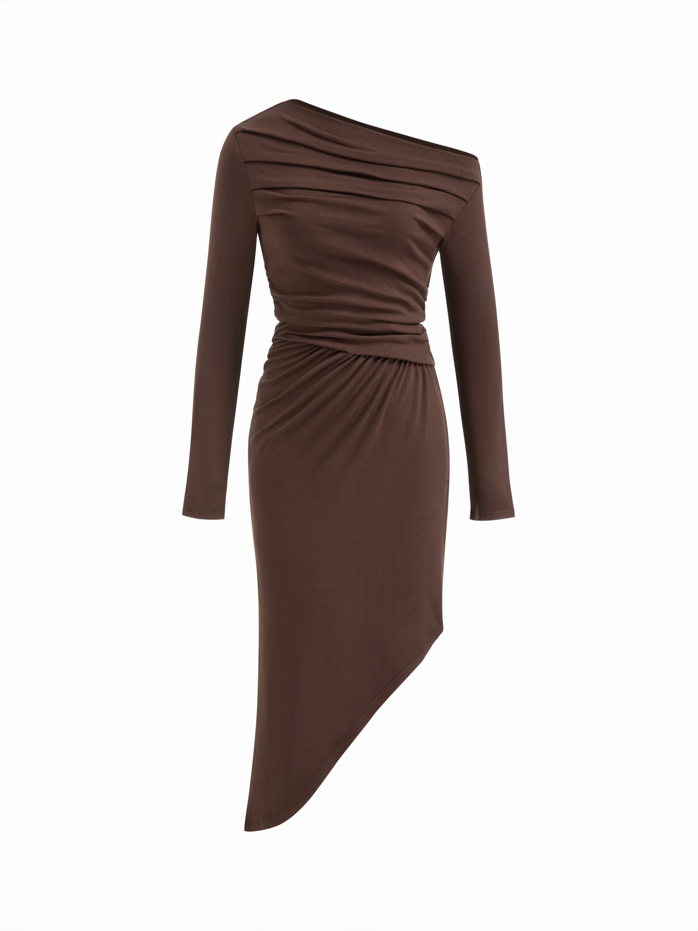 Asymmetrical Neck Long Sleeve Ruched Maxi Dress
