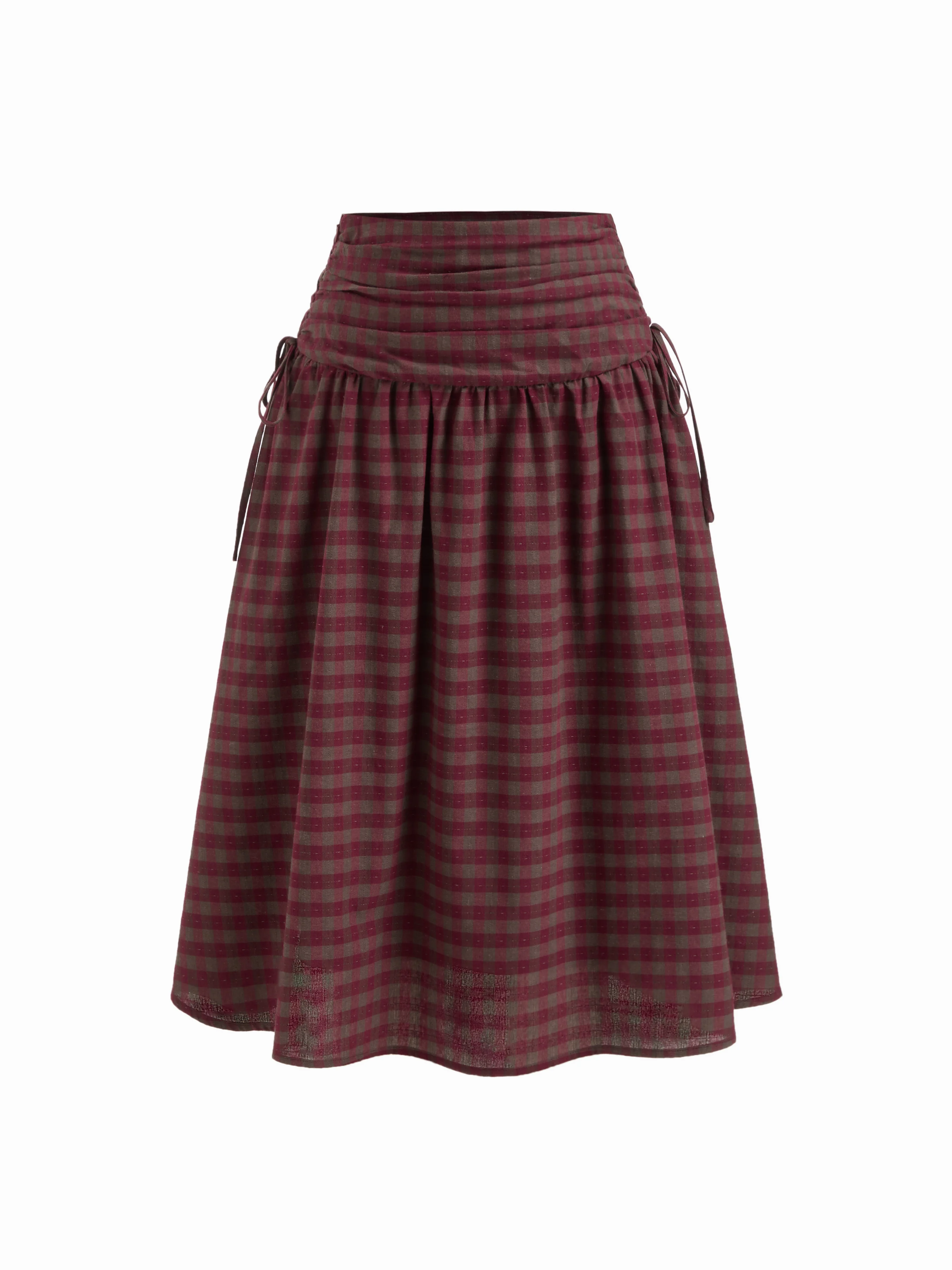 Cotton Mid Rise Plaid Bowknot Ruched Midi Skirt