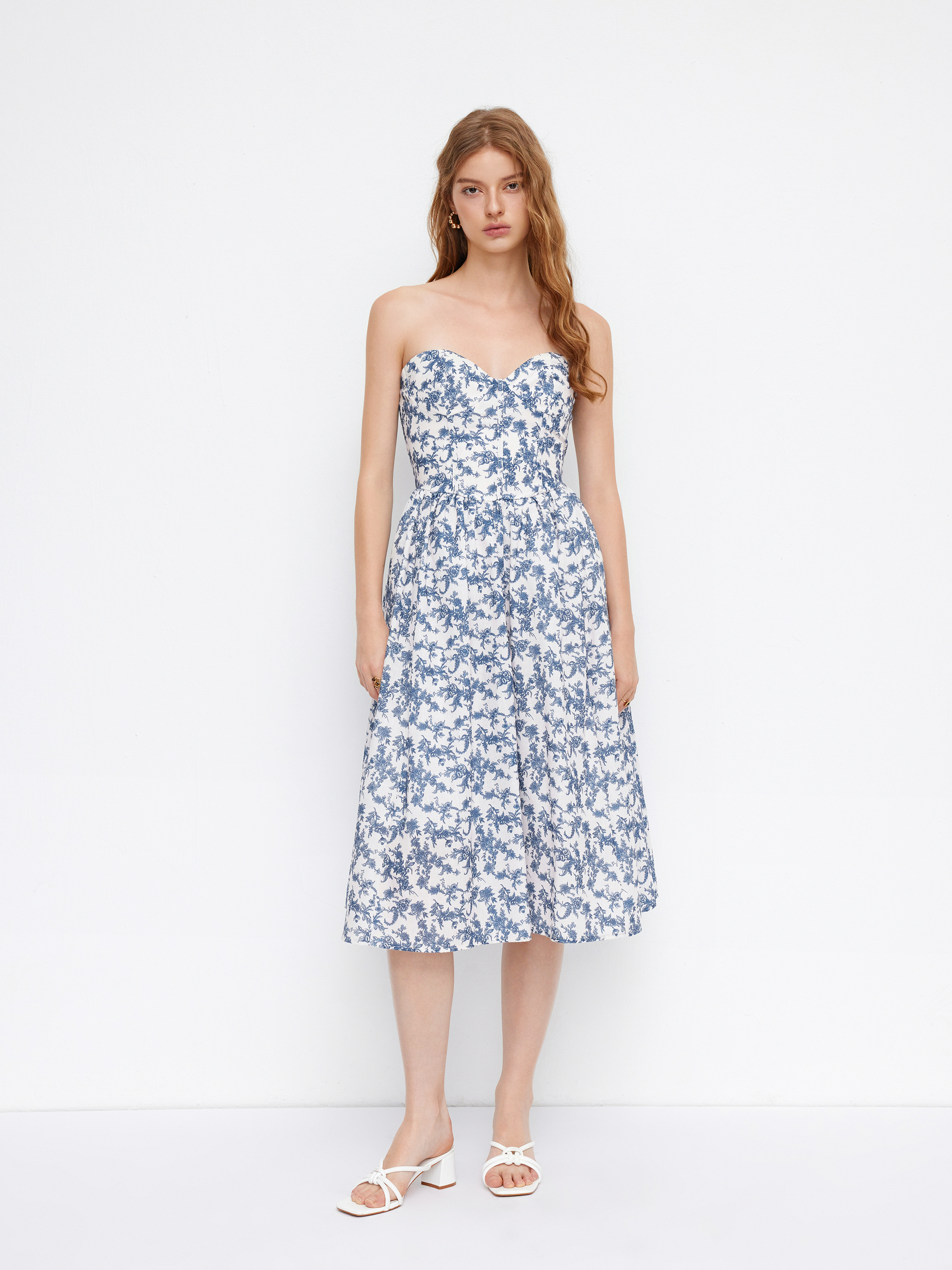 Bandeau Ditsy Floral Ruffle Midi Dress