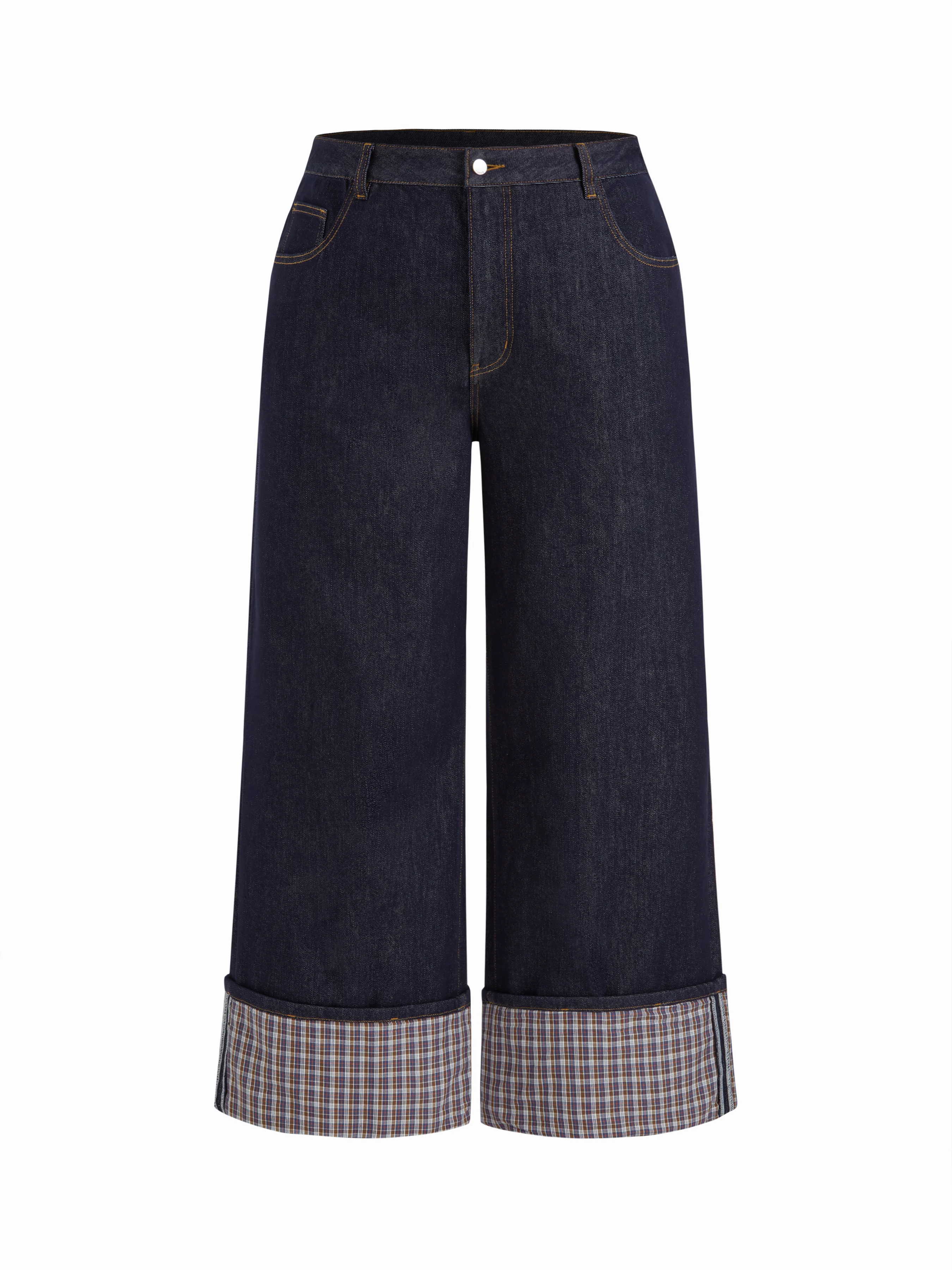 Cider Stretch Denim Mid Rise Plaid Roll Hem Straight Leg Jeans Curve & Plus