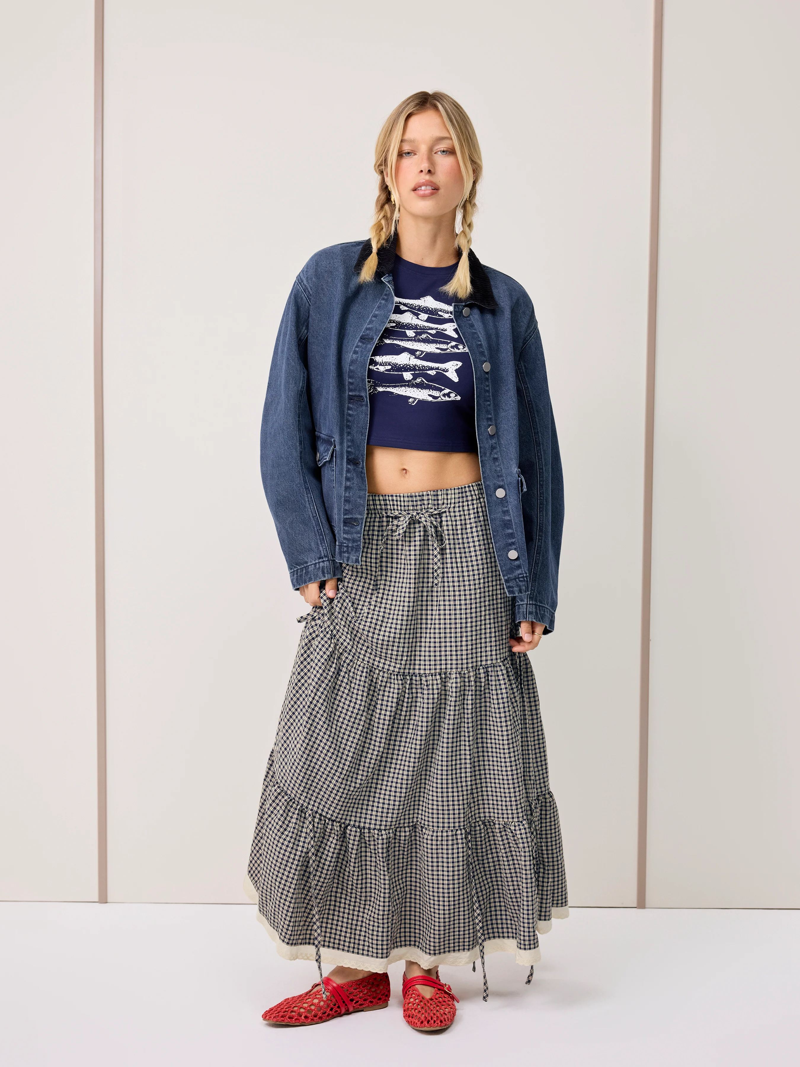 Two Way Cotton-blend Mid Rise Plaid Tiered Knotted Maxi Skirt
