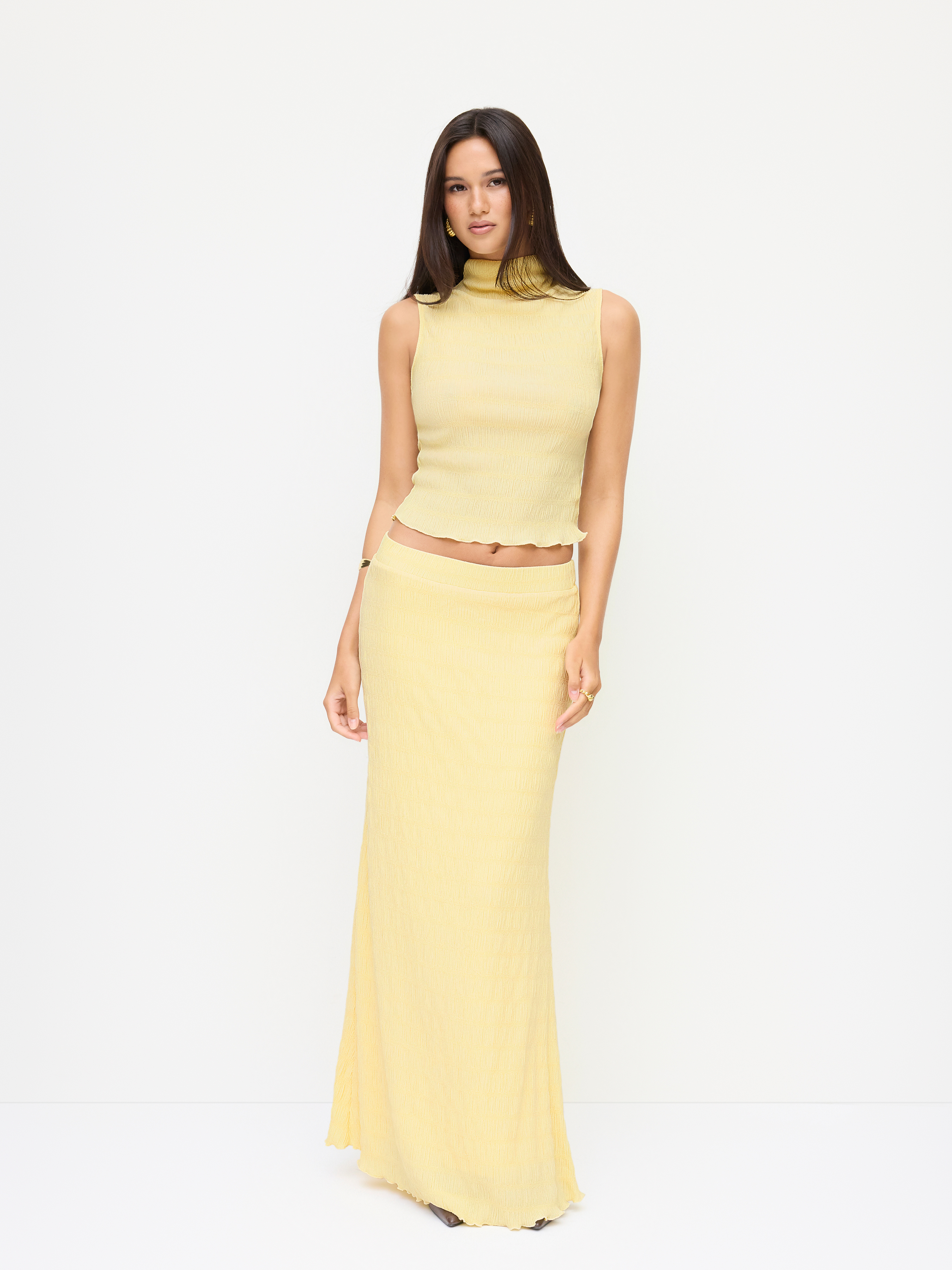 High Neck Texture Lettuce Trim Top & Mid Rise Maxi Skirt Set