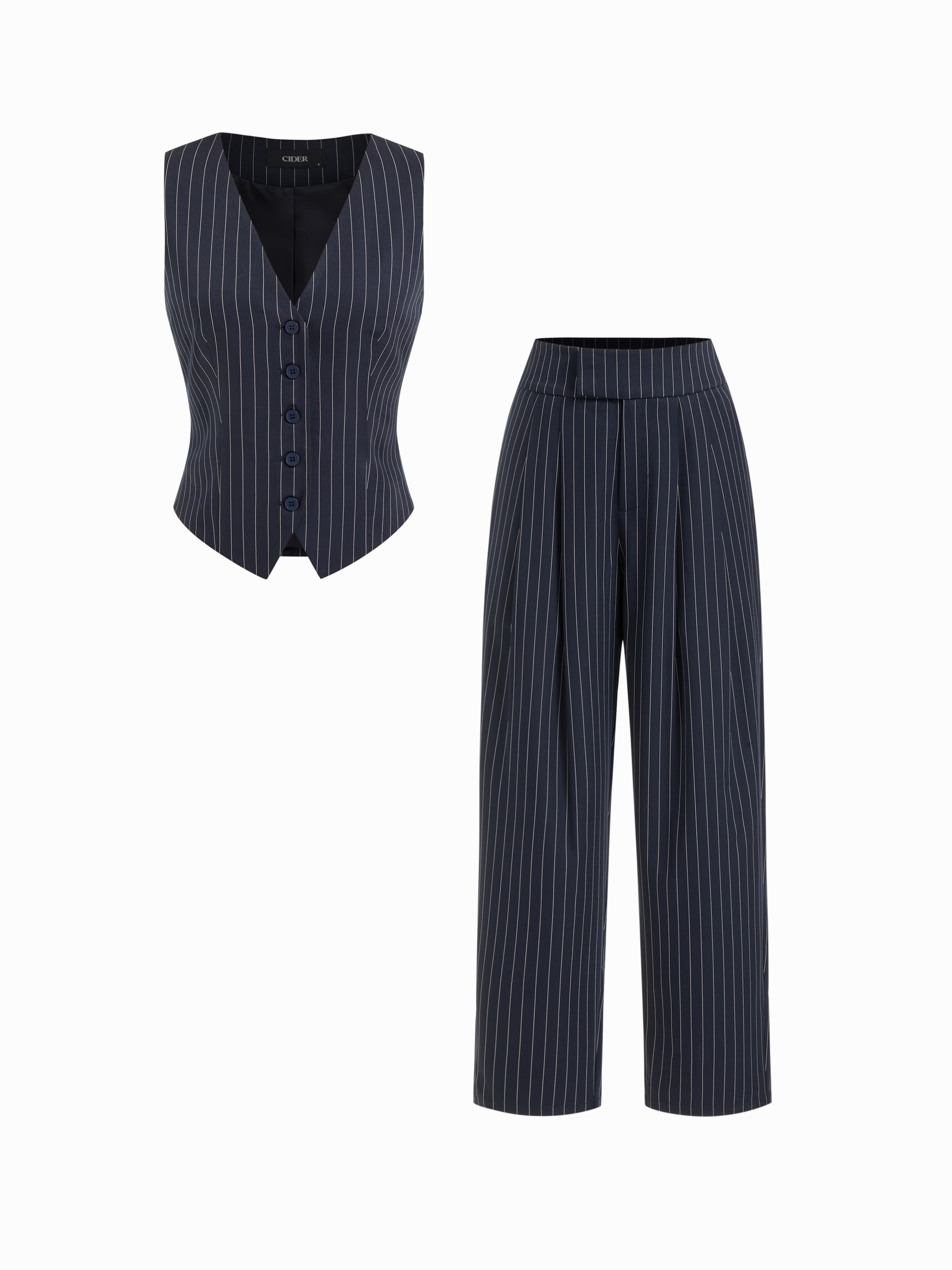 V-neck Striped Belted Cinched Waist Top & High Rise Tapered Trousers Set