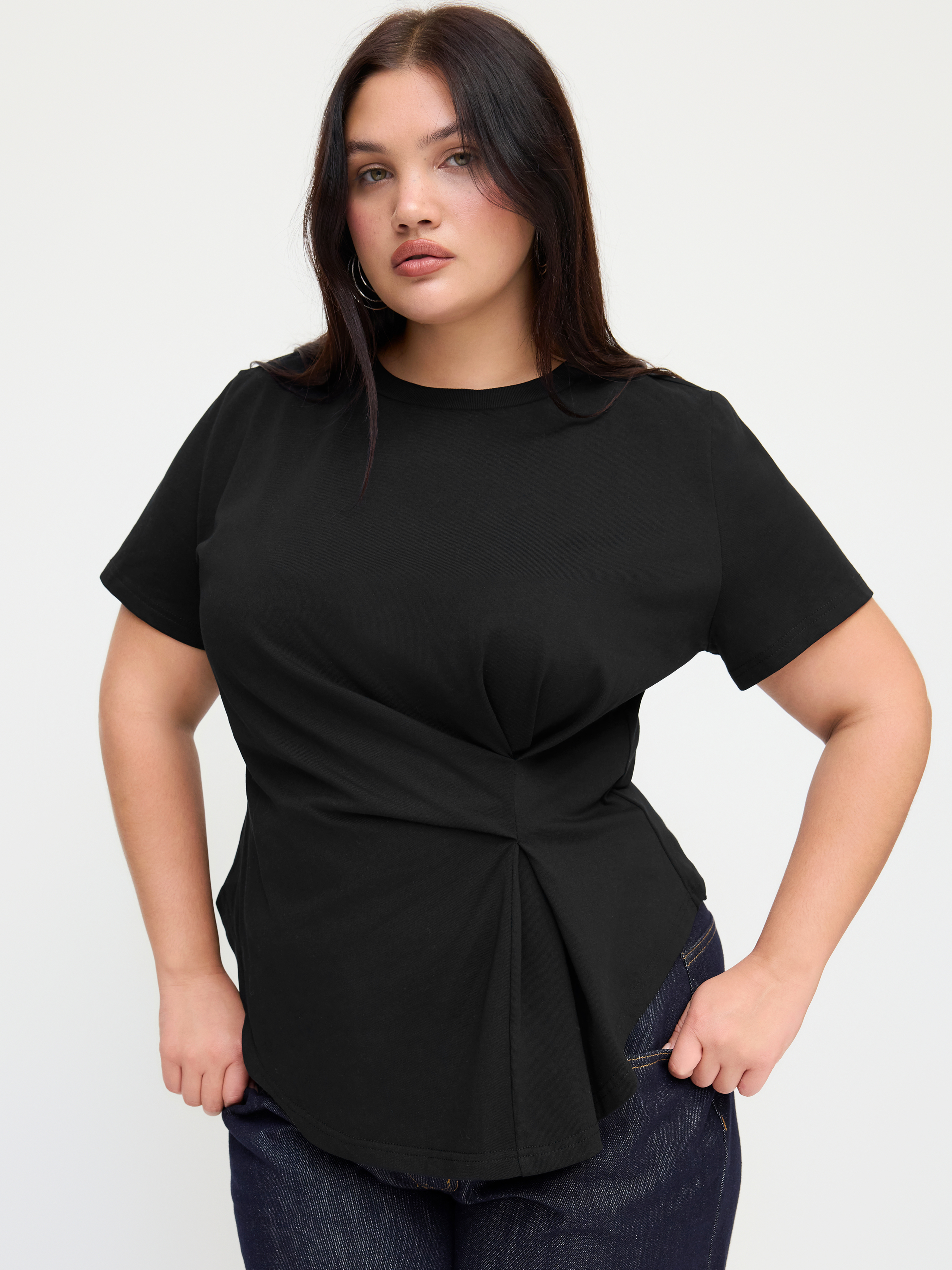 Cotton-blend Round Neckline Ruched Asymmetrical Hem Tee Curve & Plus