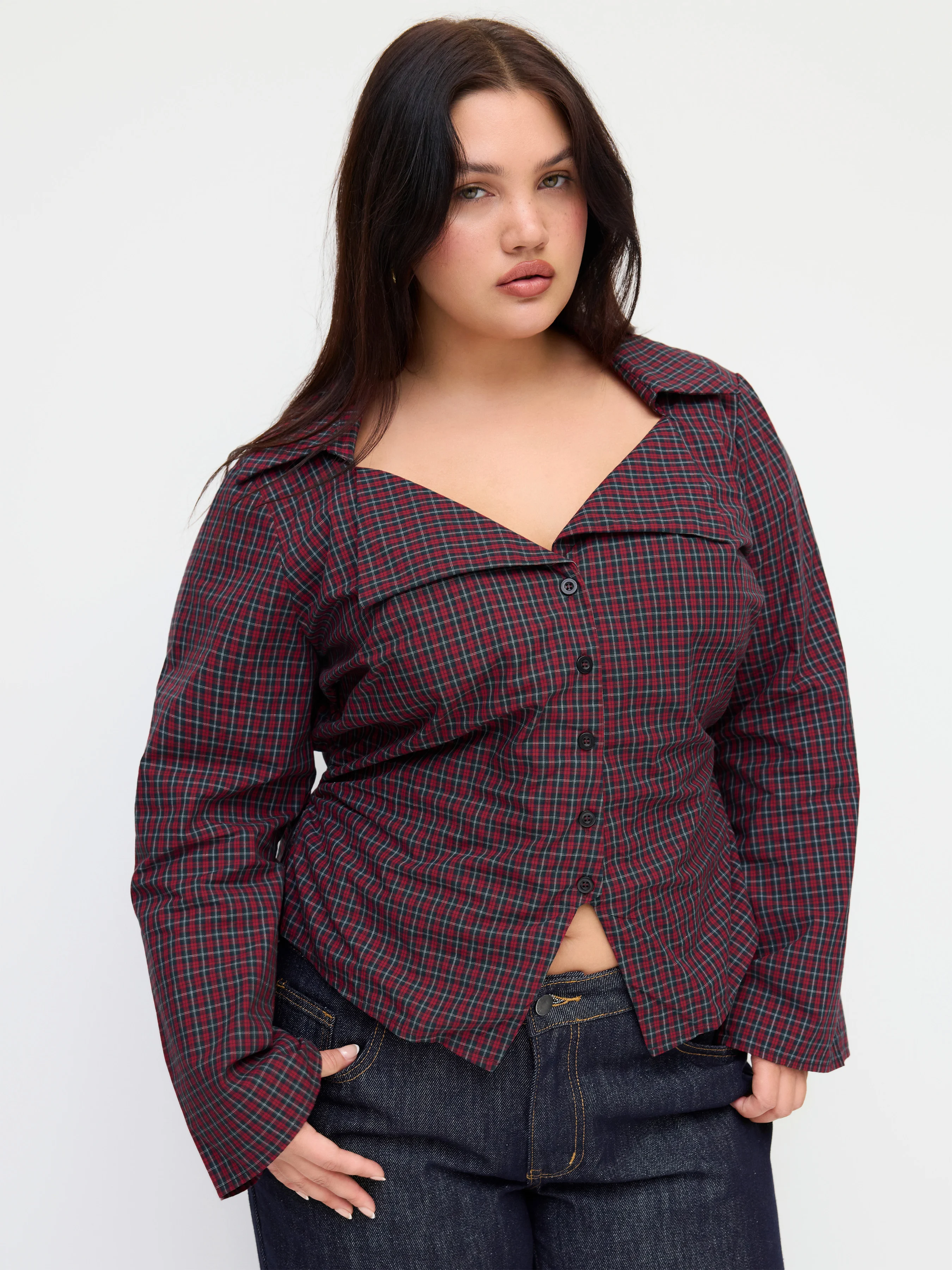 Cotton-blend Collar Check Long Bell Sleeve Blouse Curve & Plus