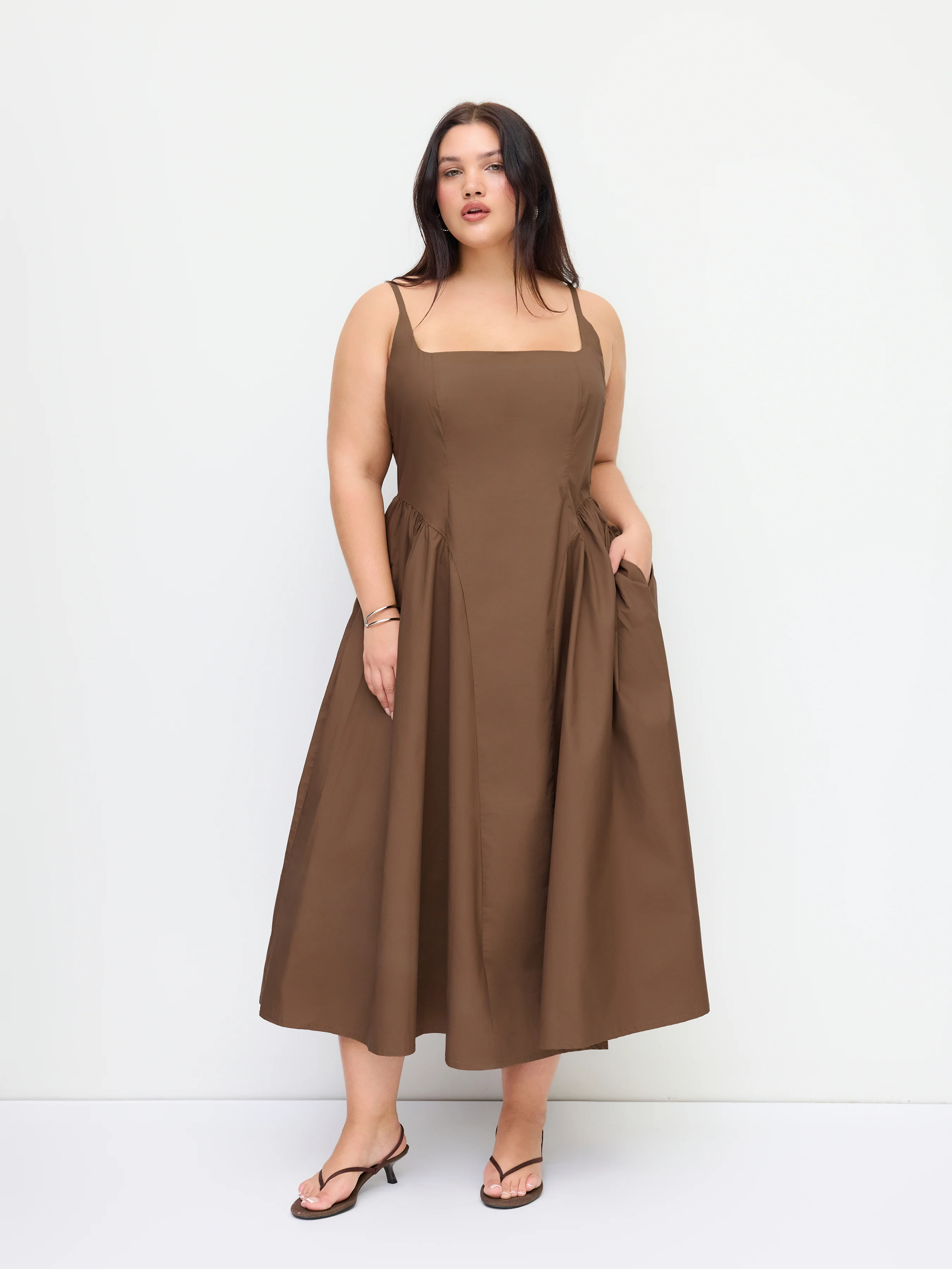 Cotton-blend U-neckline Ruched Ruffle Hem Maxi Cami Dress Curve & Plus