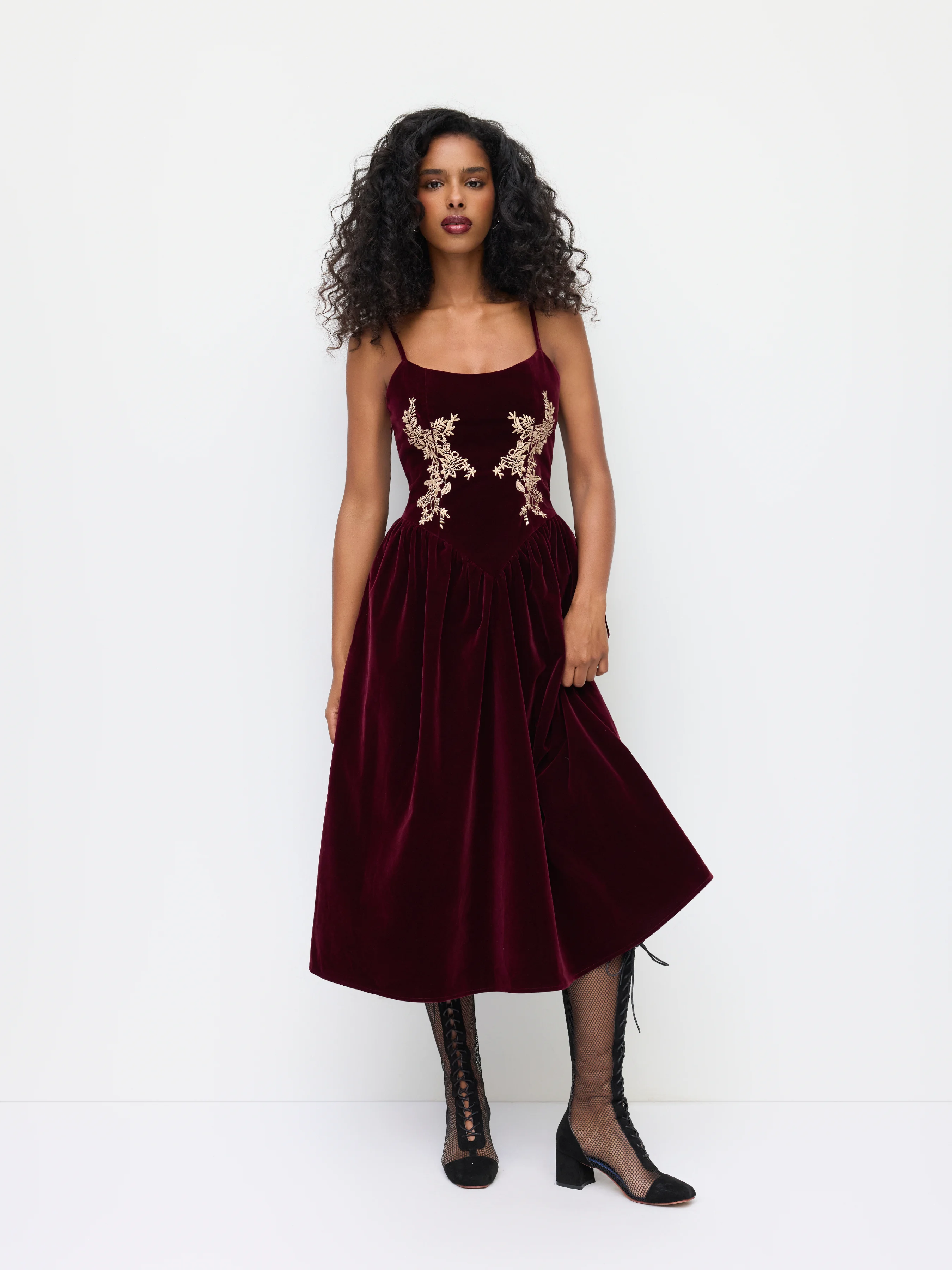 Velvet U-neckline Floral Embroidery Midi Dress