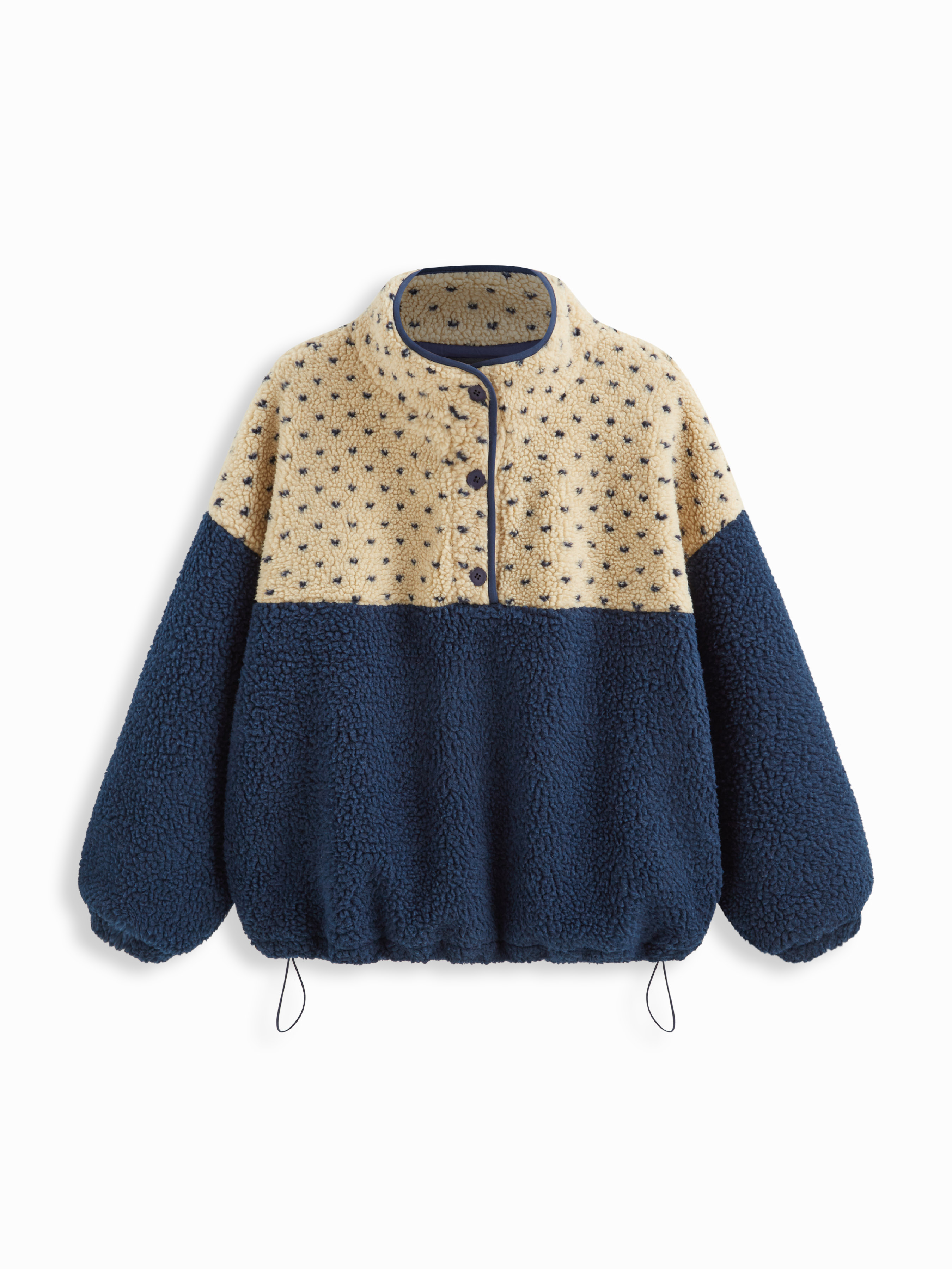 Fleece Stand Collar Two Tone Patchy Drawstring Oversized Sweatshirt Curve & Plus