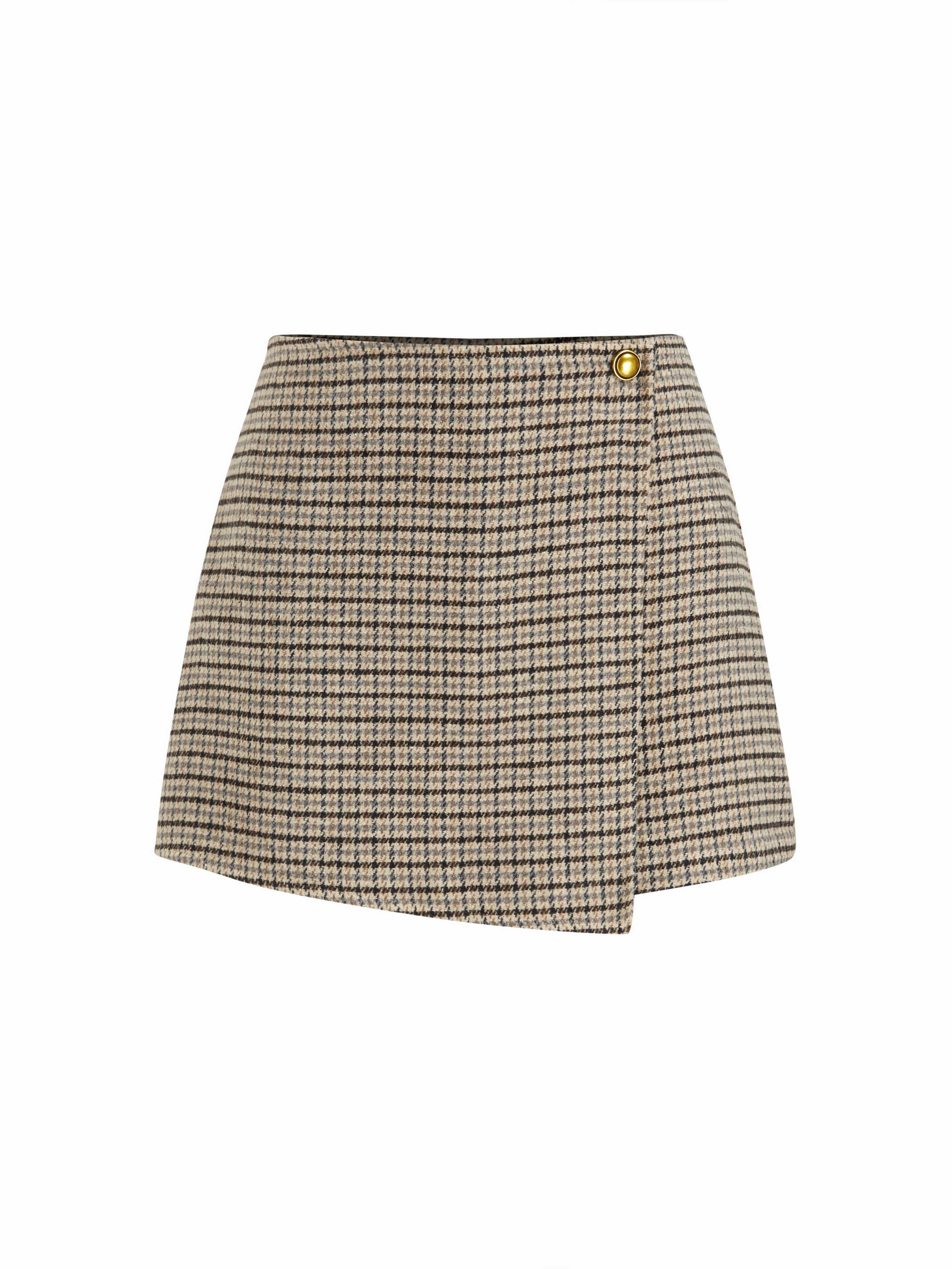 Wool-look Mid Rise Houndstooth Asymmetrical A-line Mini Skort