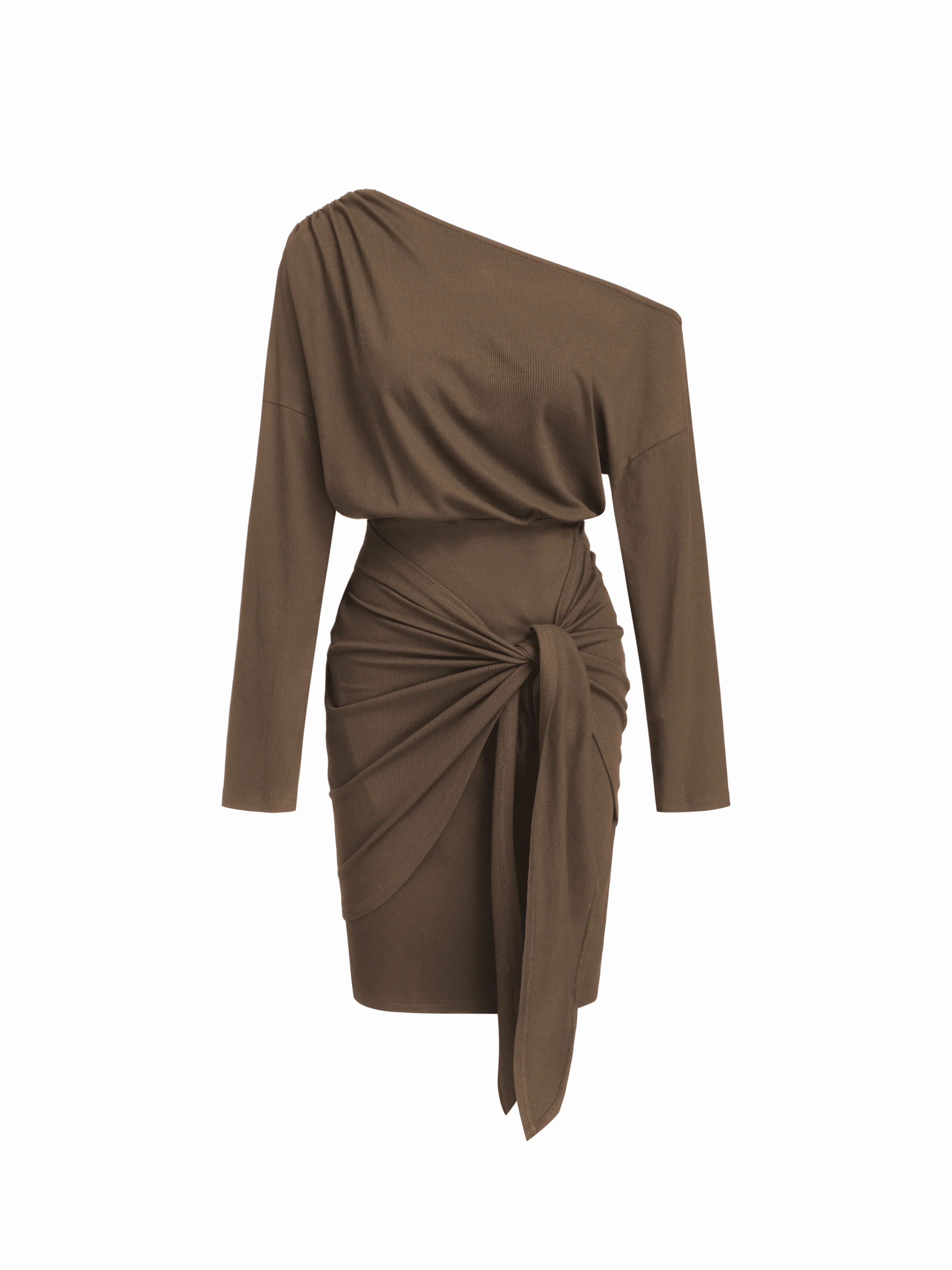 Asymmetrical Neck Long Sleeve Tie Front Midi Dress