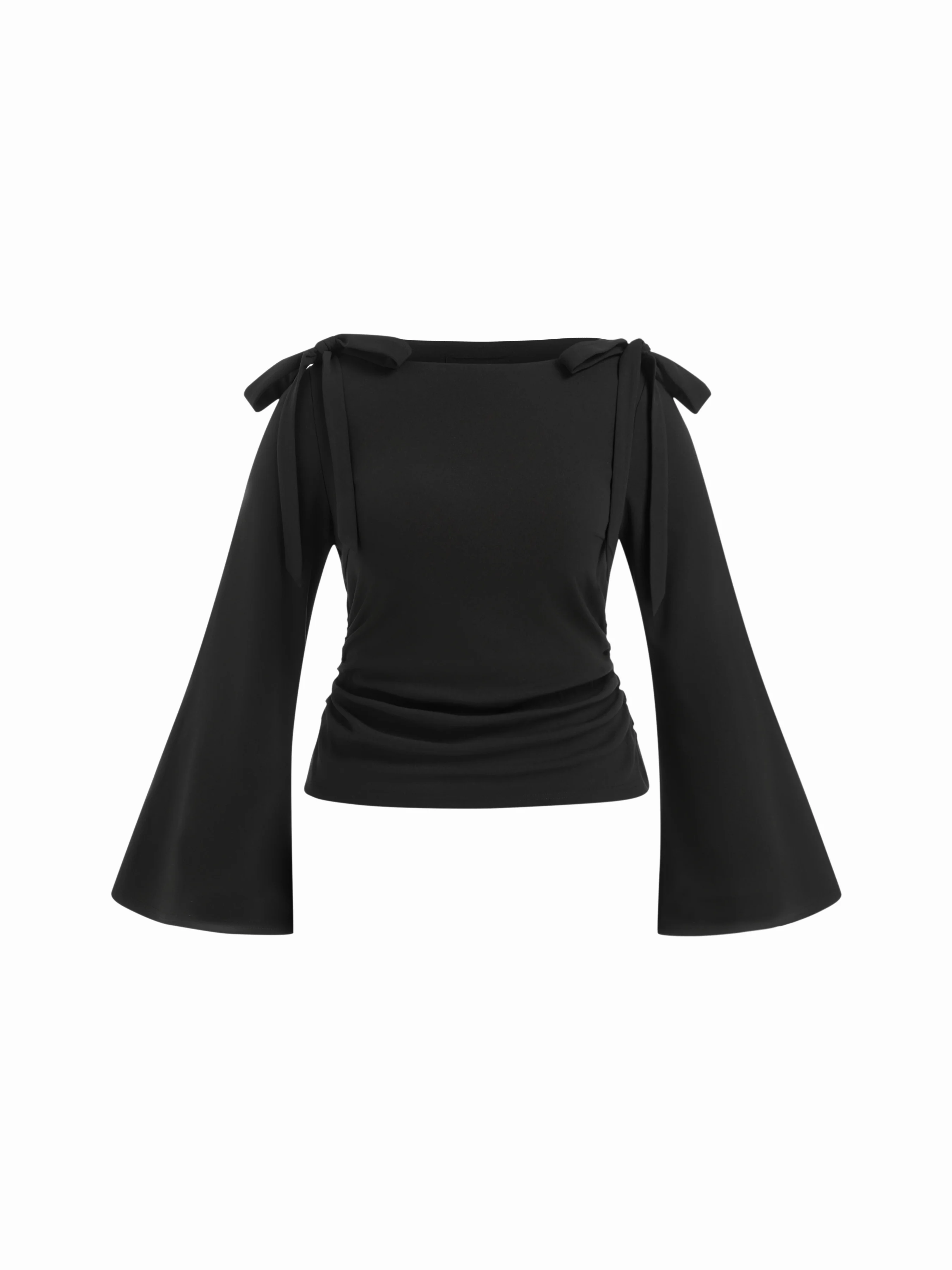 Boat Neck Bowknot Ruched Long Sleeve Top Curve & Plus