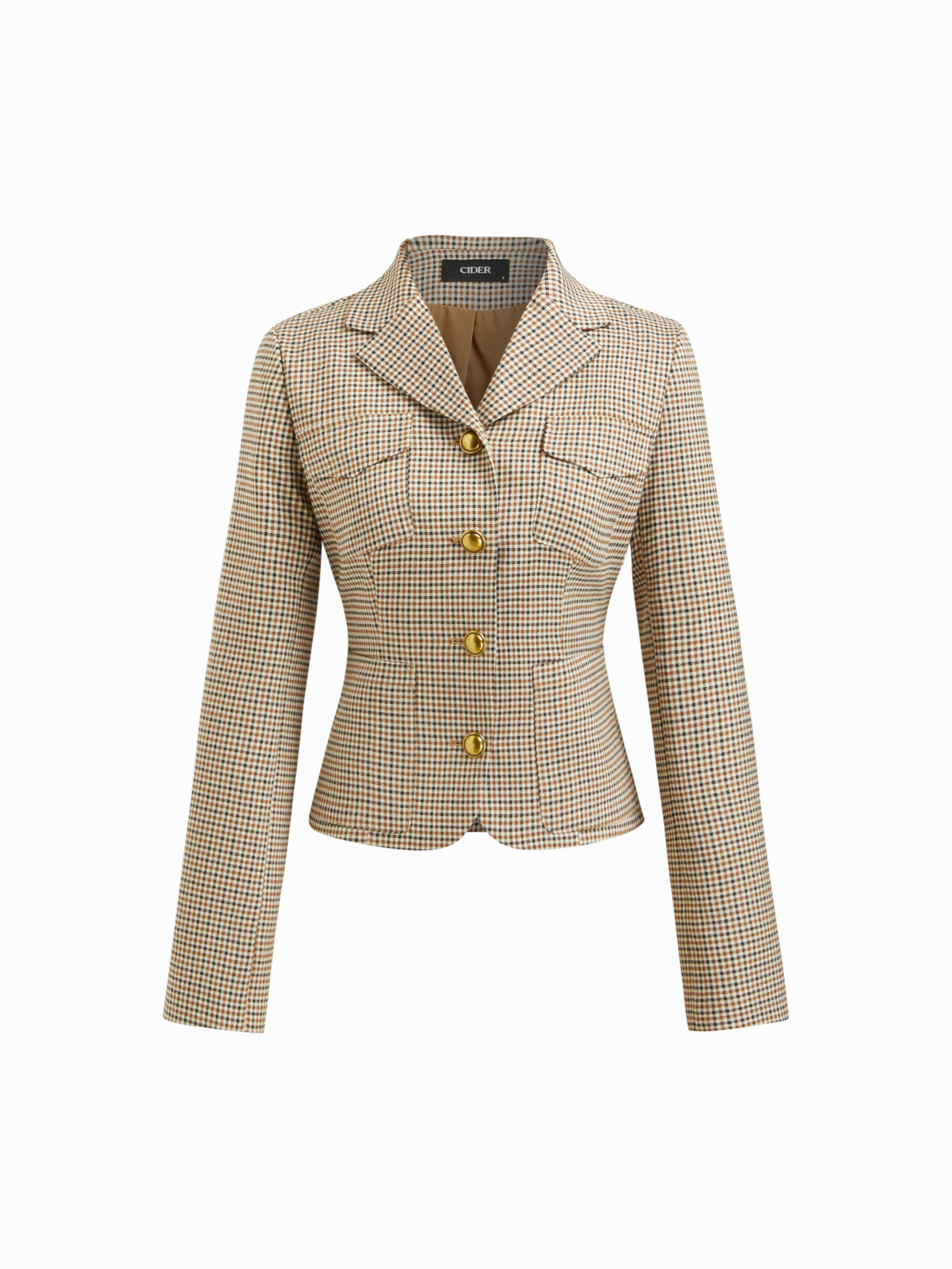 Plaid Notched Collar Long Sleeve Metal Button Cinched Waist Blazer