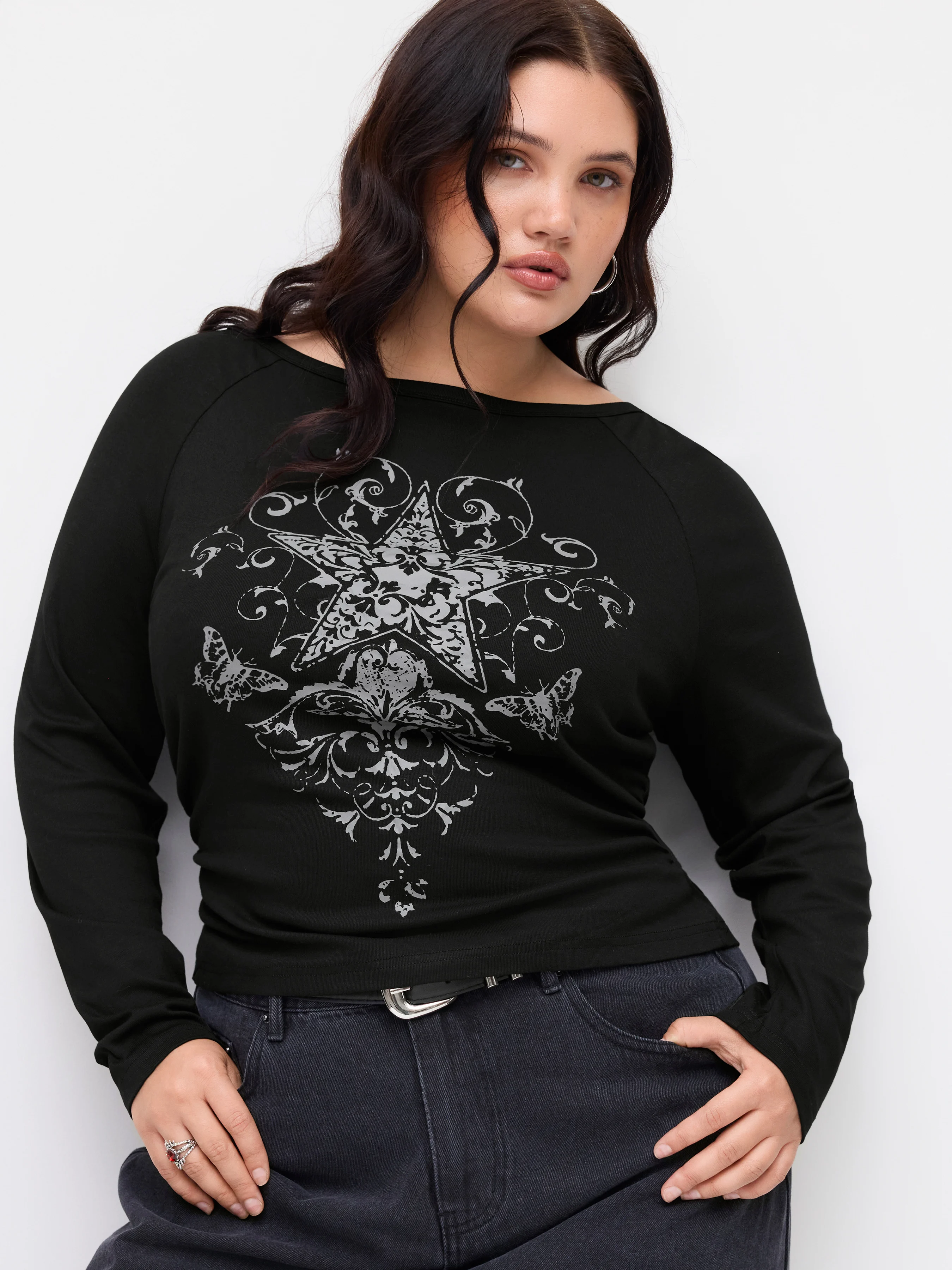 Boat Neck Star Graphic Long Sleeve Top Curve & Plus