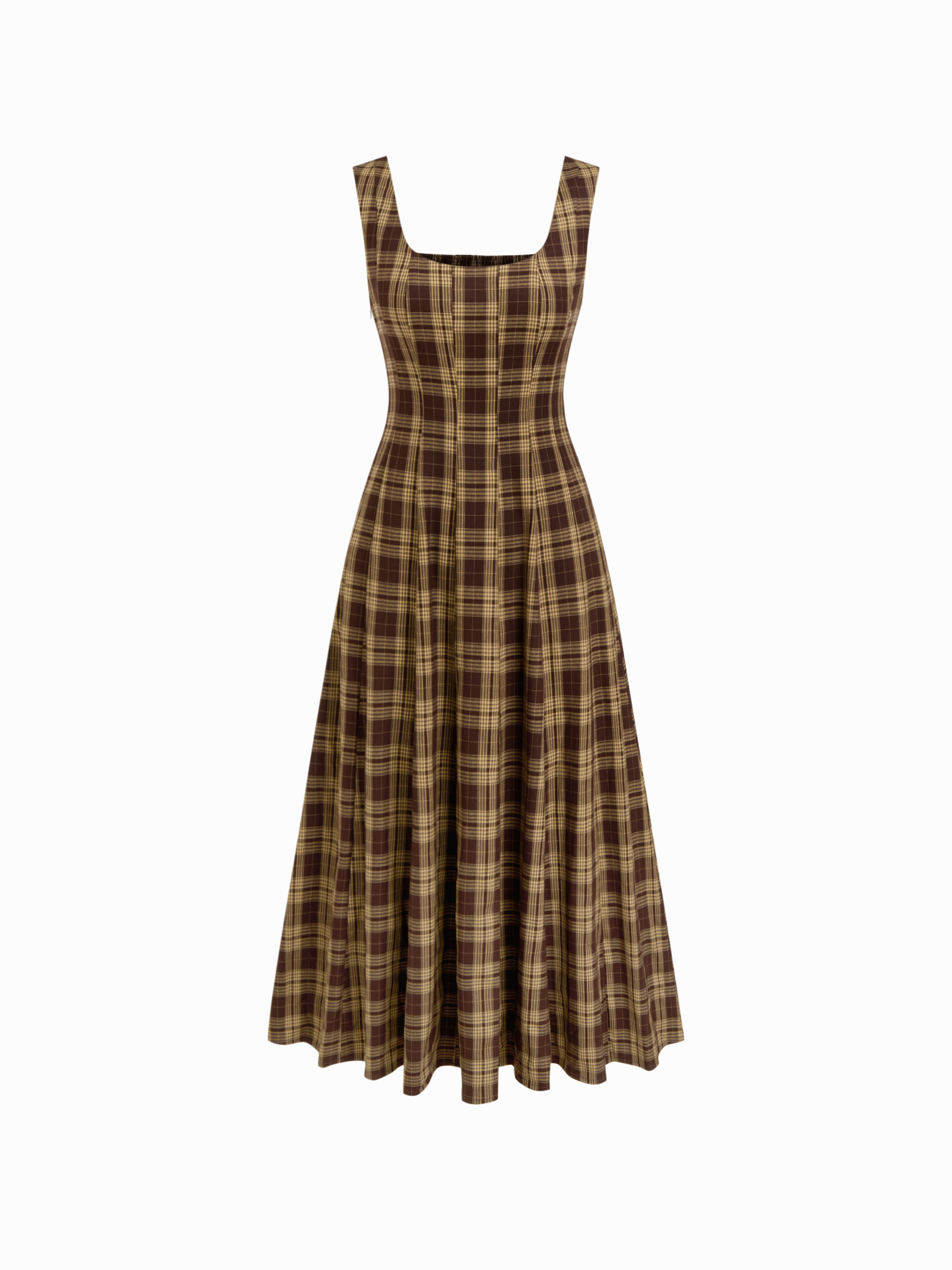 U-neckline Plaid Shirred Pocket Ruffle Midi Dress