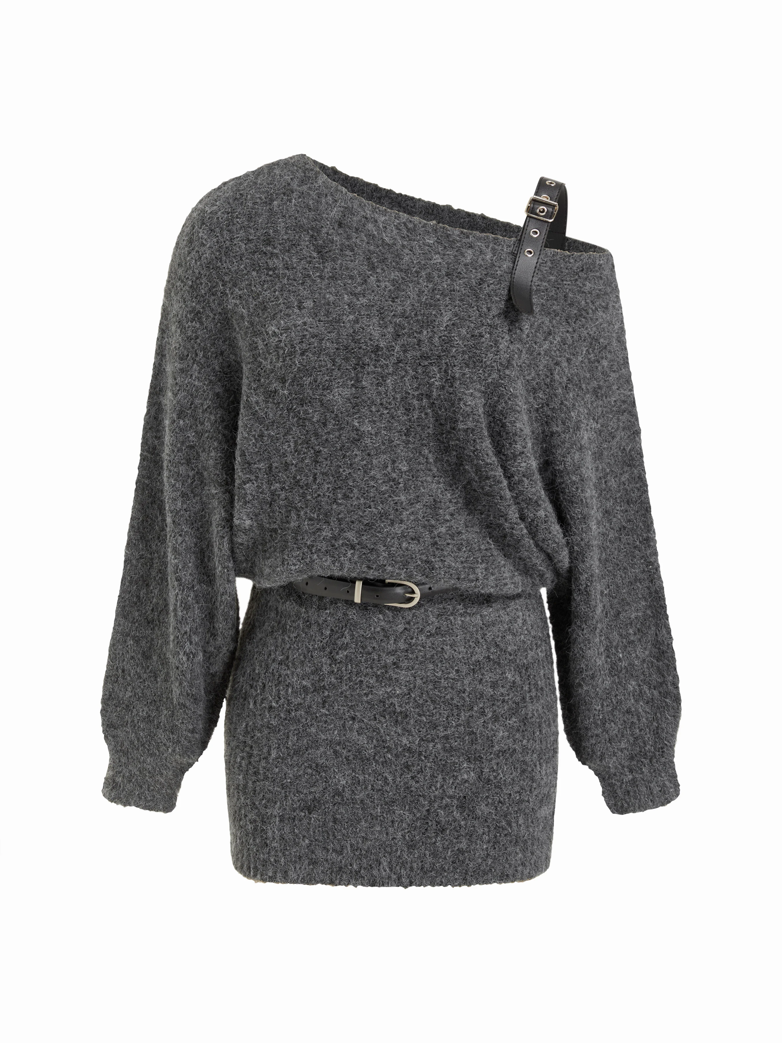 Knit Wool-blend Asymmetrical Neck Mini Dress With Belt