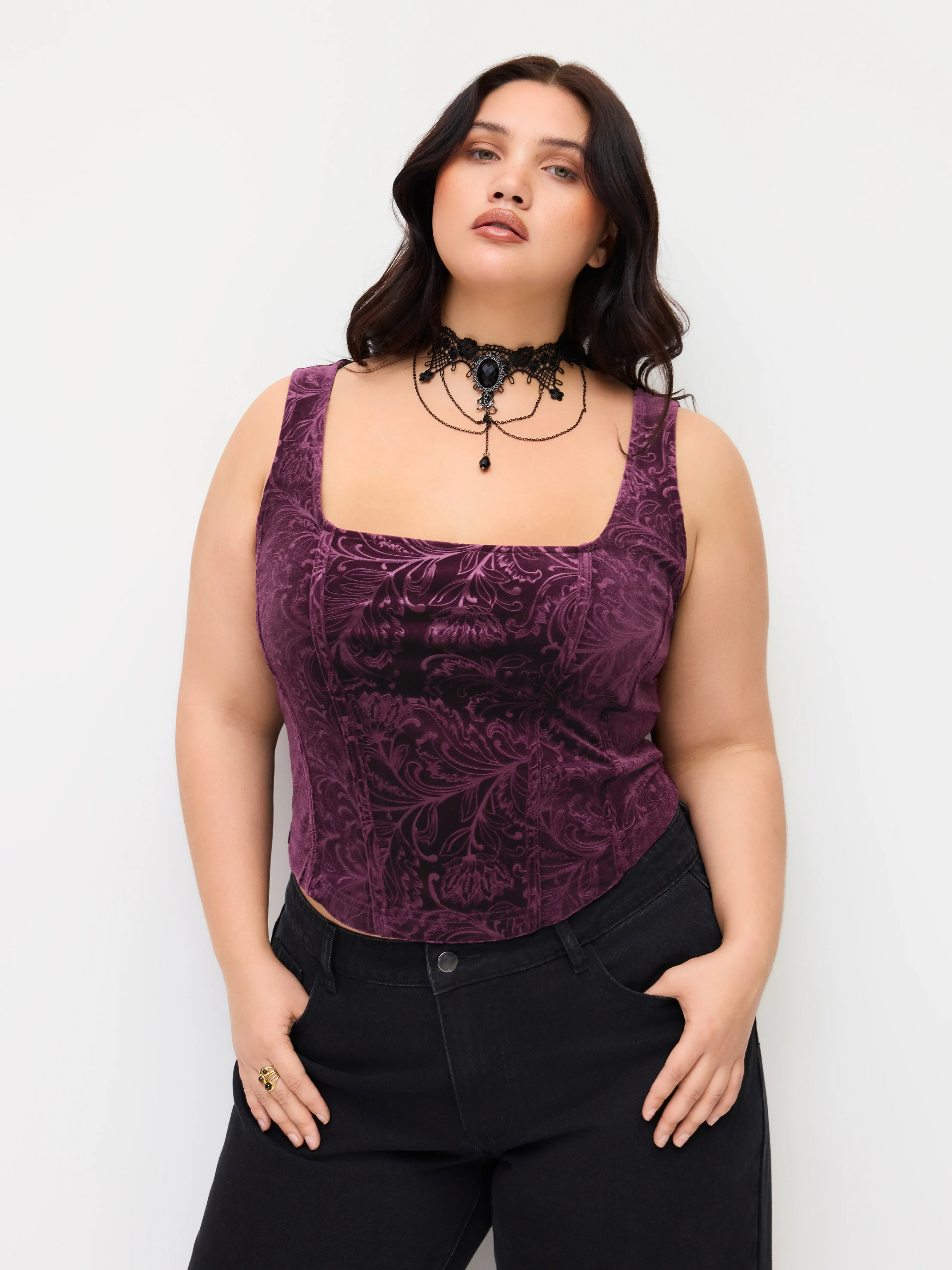 Velvet Square Neck Floral Tank Top Curve & Plus