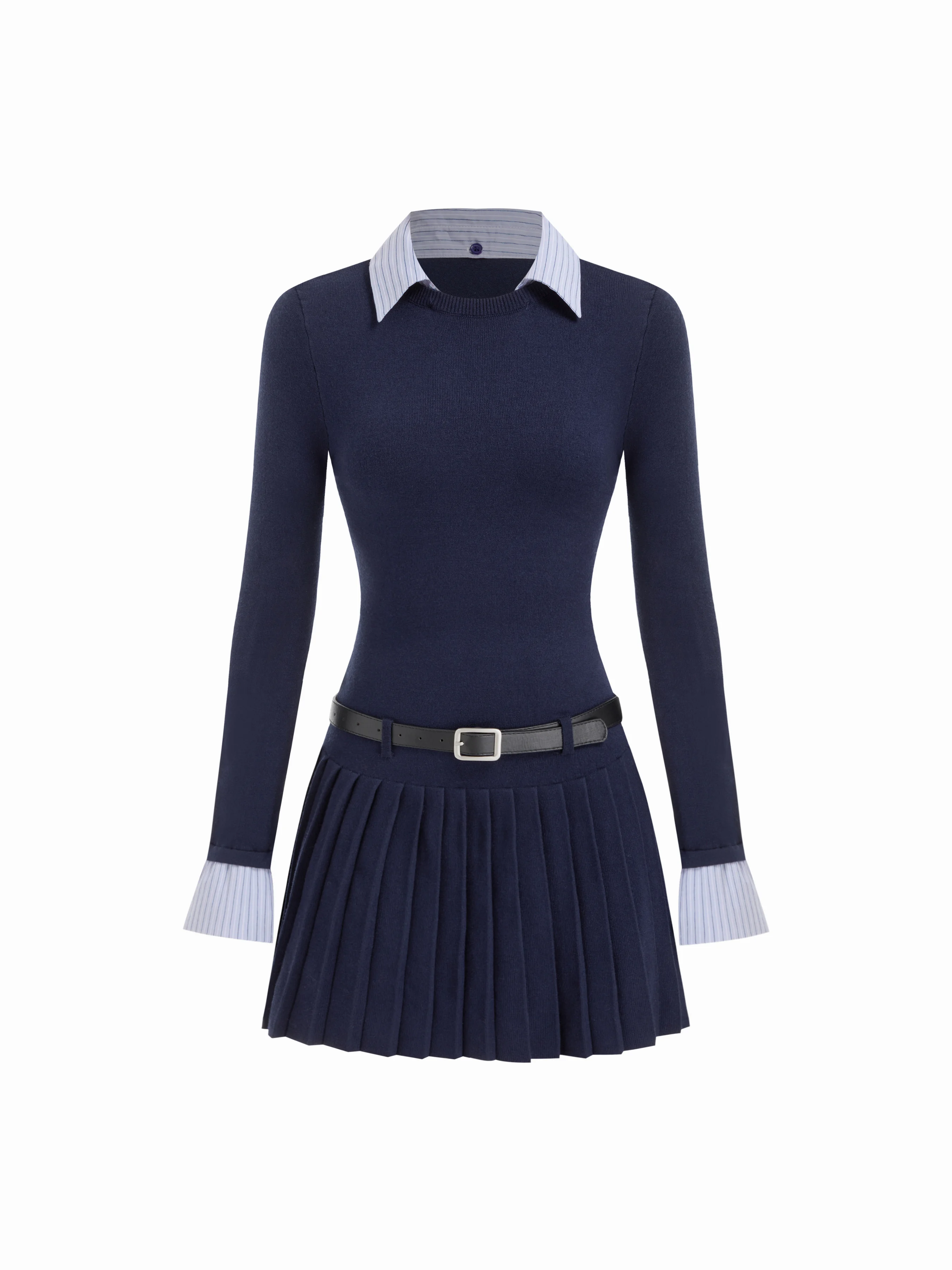 Knit Collar Belted Pleated Mini Shirt Dress