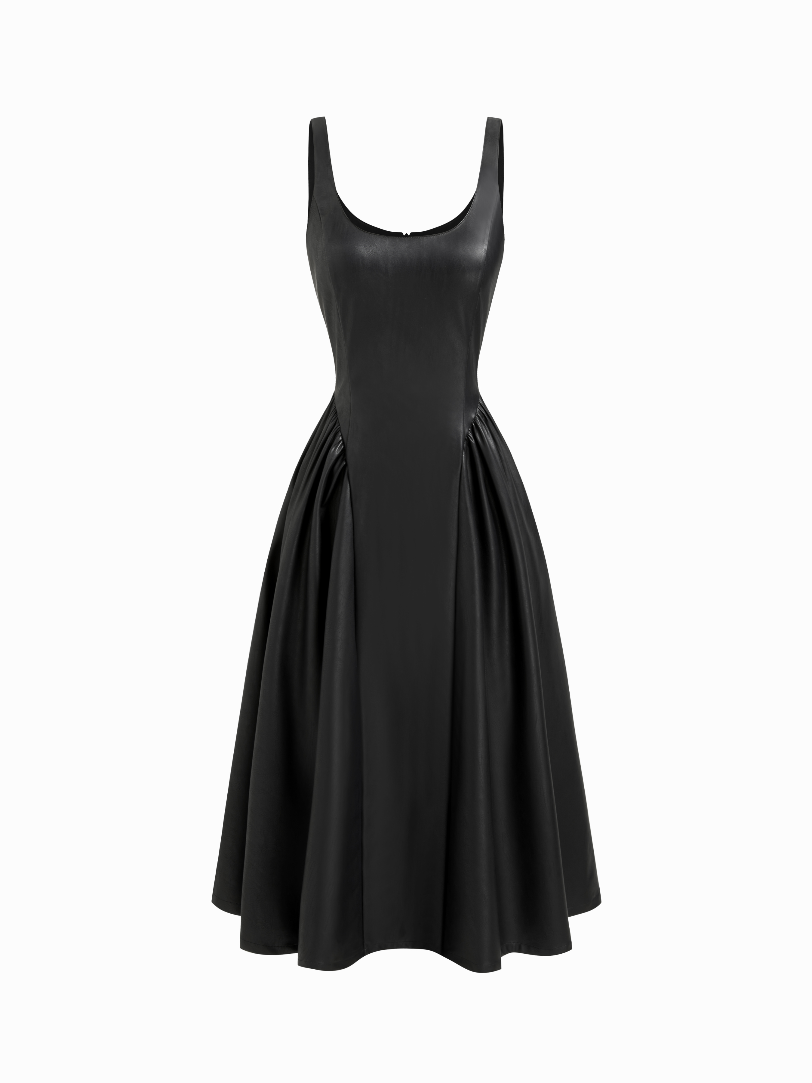 Faux Leather Scoop Neckline Ruffle A-line Midi Cami Dress