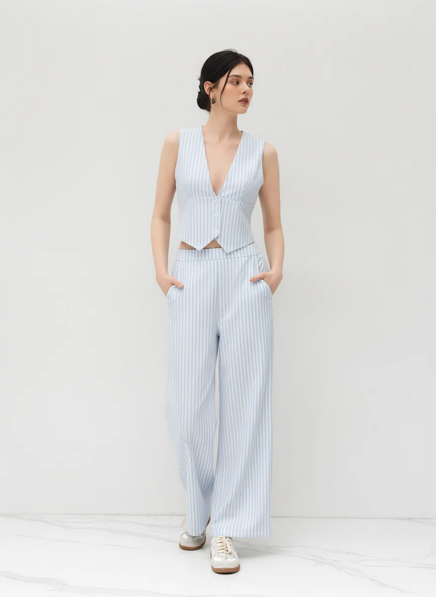 V-neck Striped Belted Vest With Mid Rise Striped Pocket Straight Leg Trousers