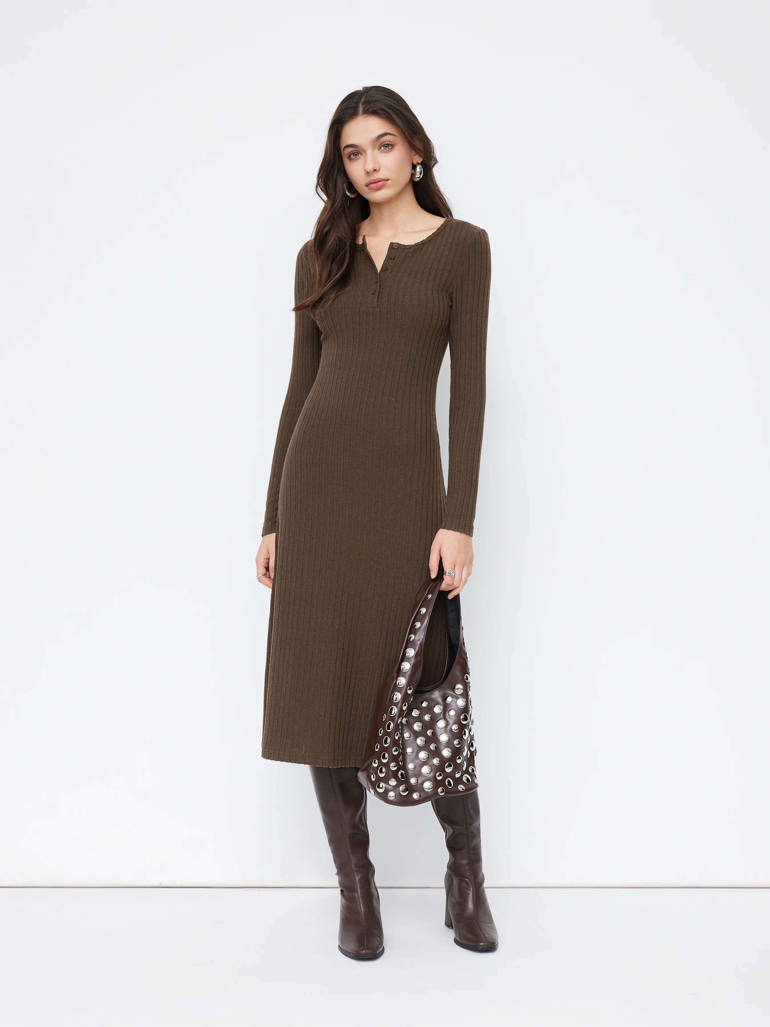 Round Neckline Long Sleeve Button Midi Dress