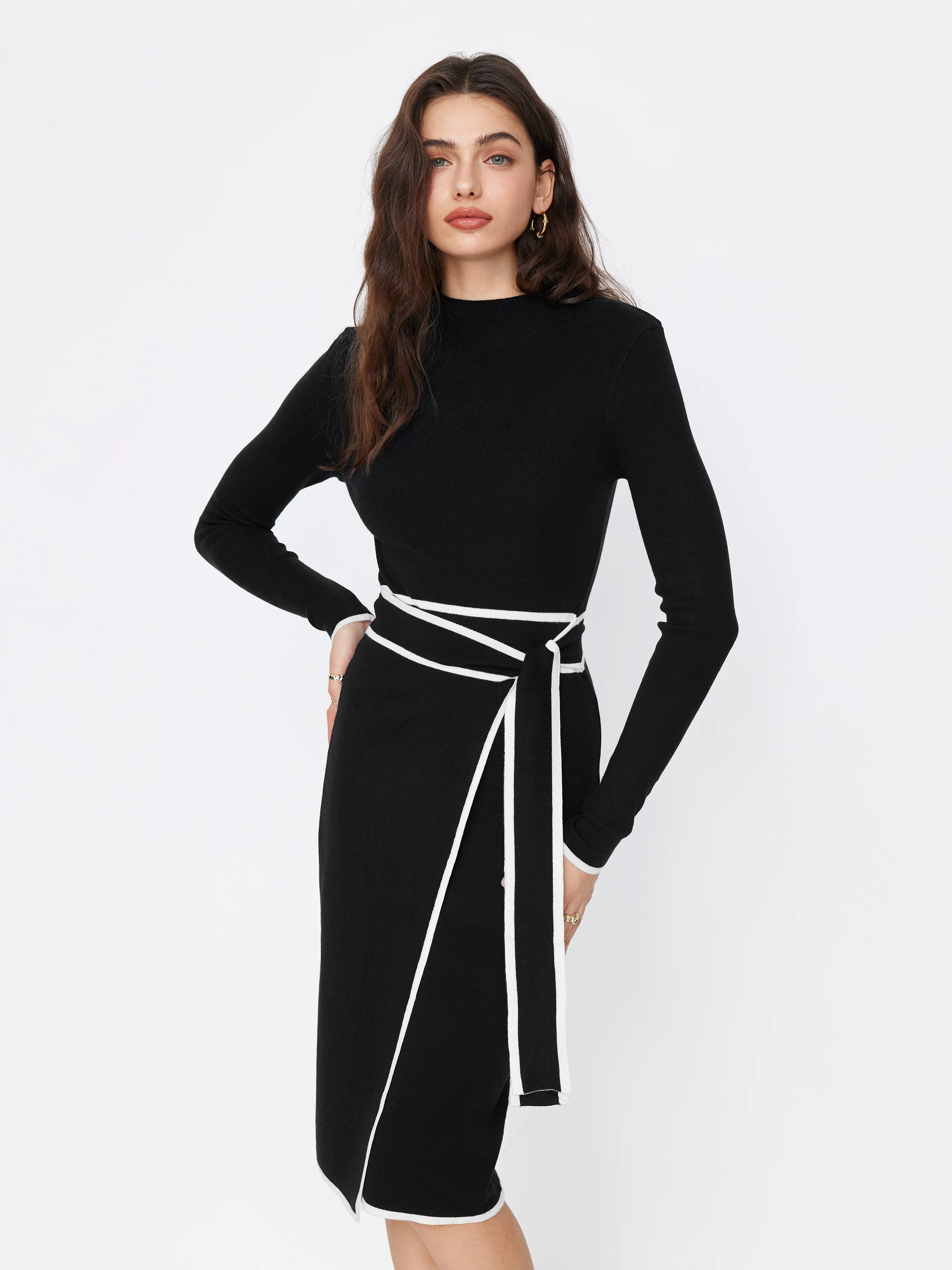 Turtleneck Belted Bowknot Knitted Maxi Dress