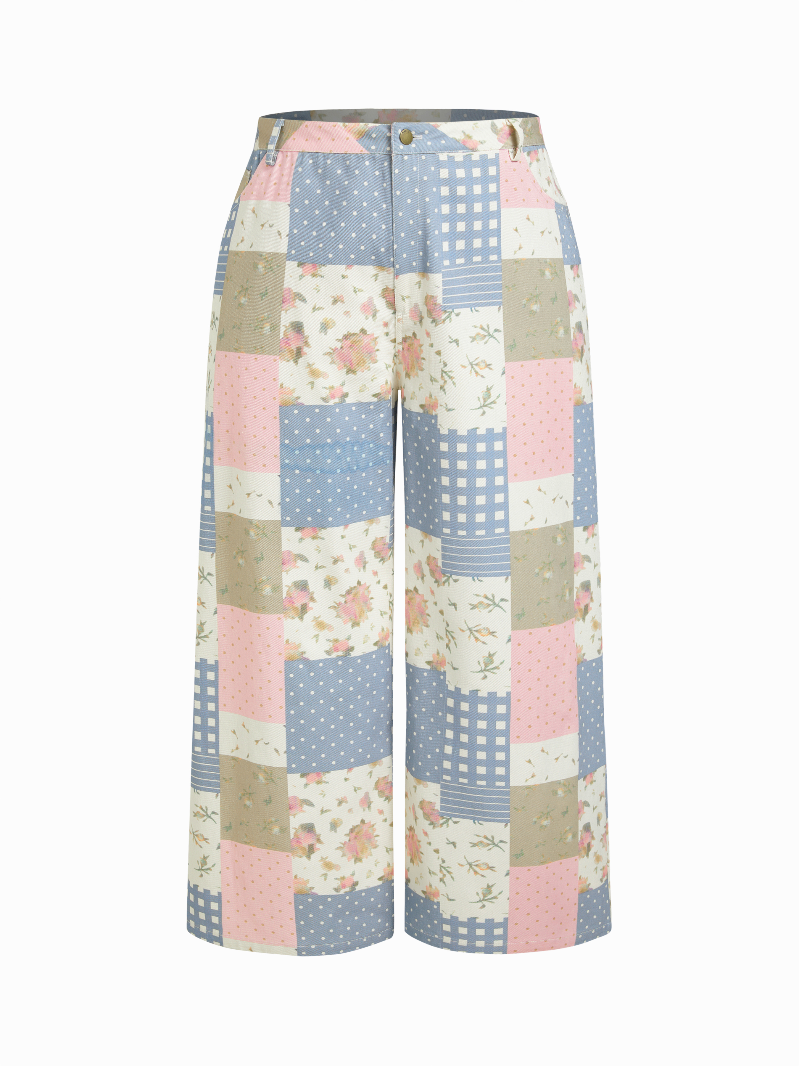 Cotton Mid Rise Floral & Polka Dot & Gingham Colorblock Patched Wide Leg Trousers Curve & Plus