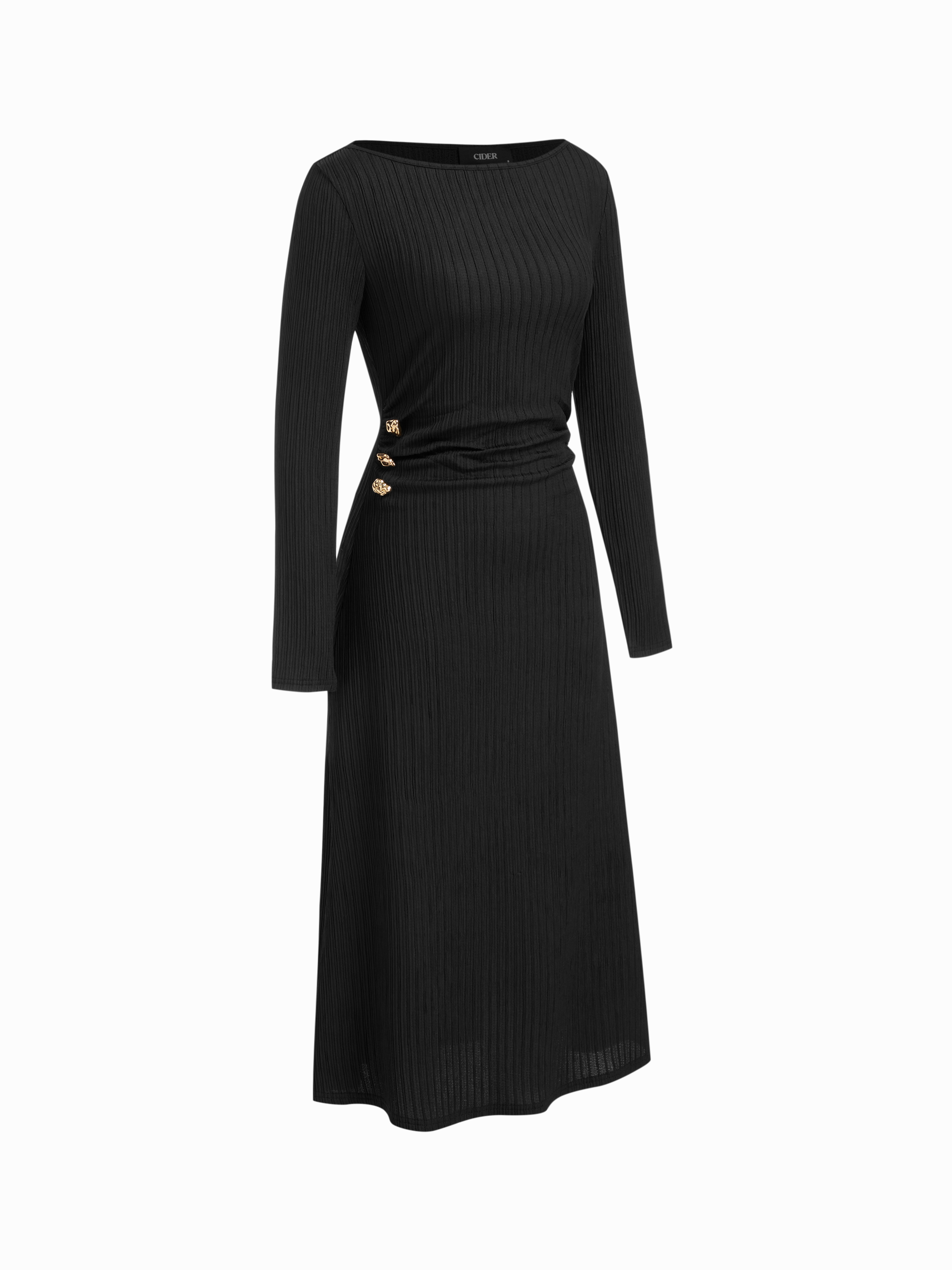 Boat Neck Metal Button Ruched Midi Dress