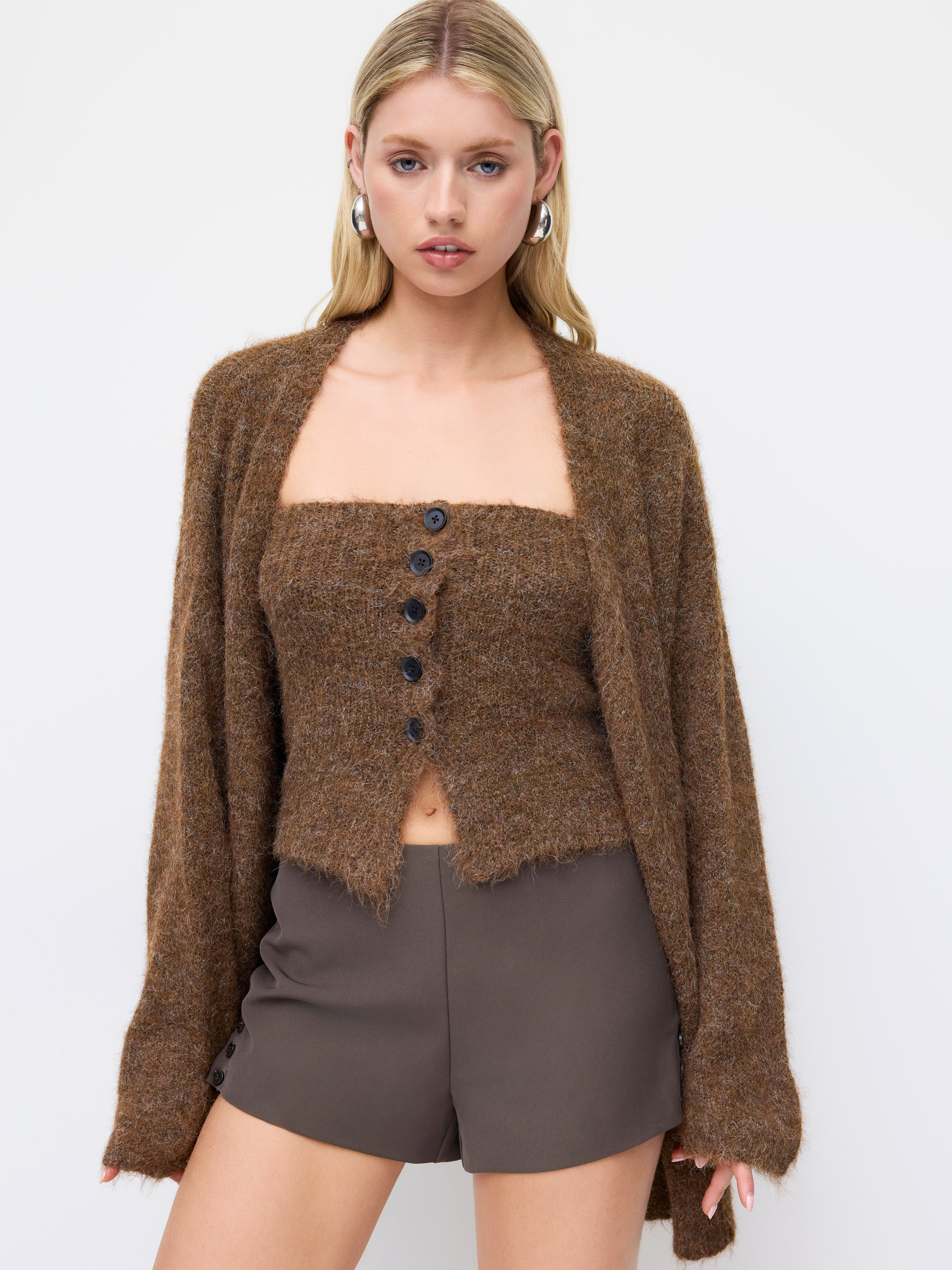 Knit Wool-blend Two Way Long Sleeve Oversized Cardigan With Bandeau Top
