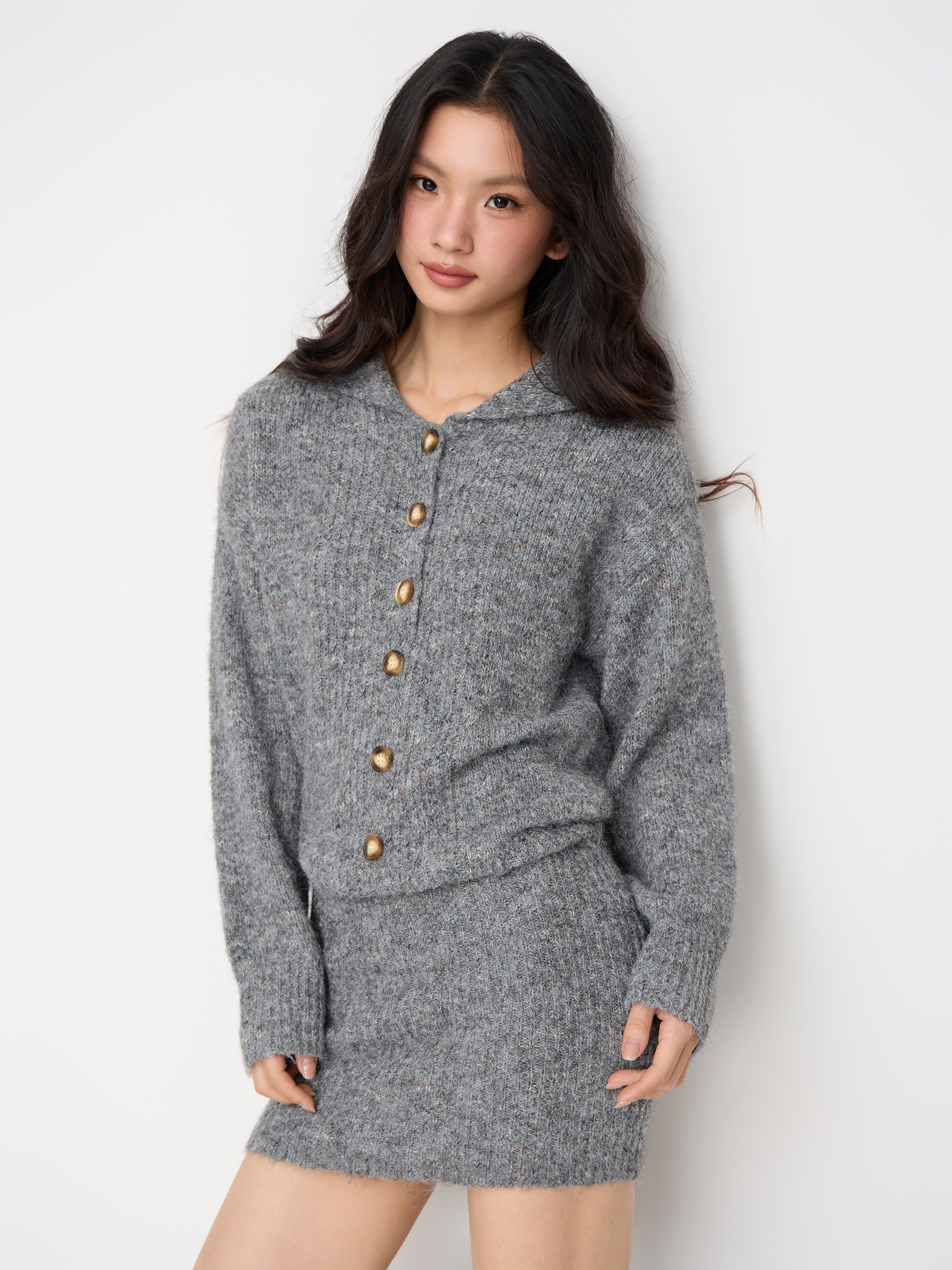 Knit Wool-blend Round Neck Button Mini Bodycon Dress