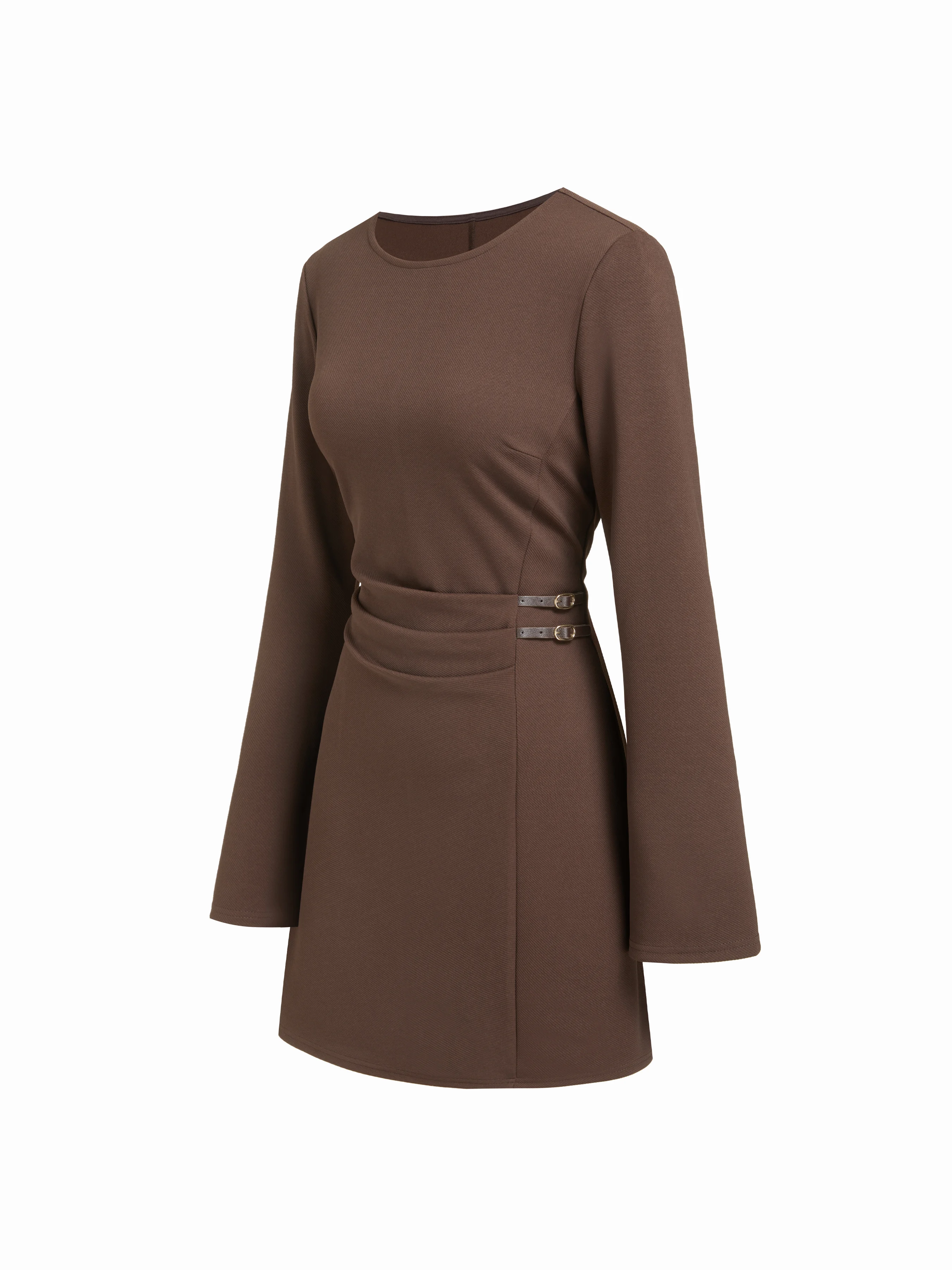 Round Neckline Side Belted Pleated Bell Sleeve Mini Dress