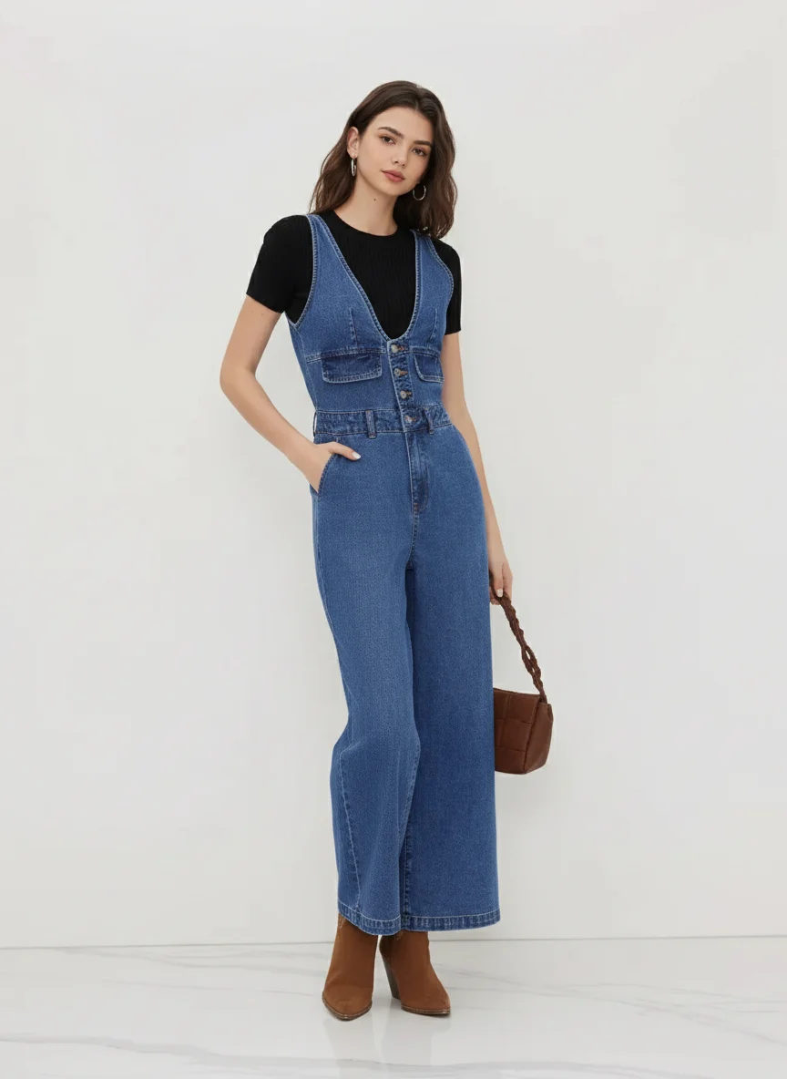 Cider Denim V-neck Button Pocket Wide Leg Jumpsuit
