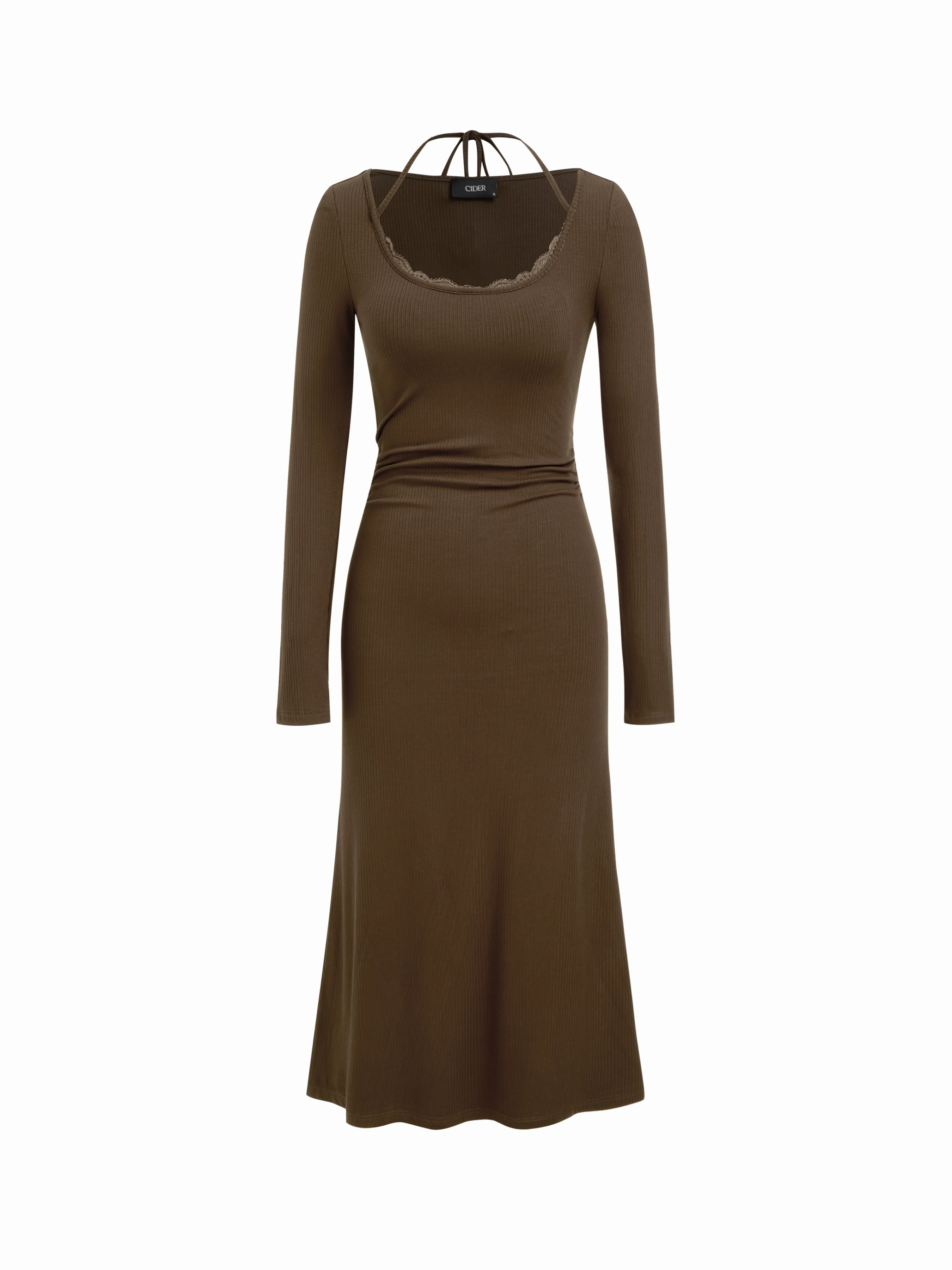 Halter Neckline Long Sleeve Lace Trim Ruched Midi Mermaid Dress