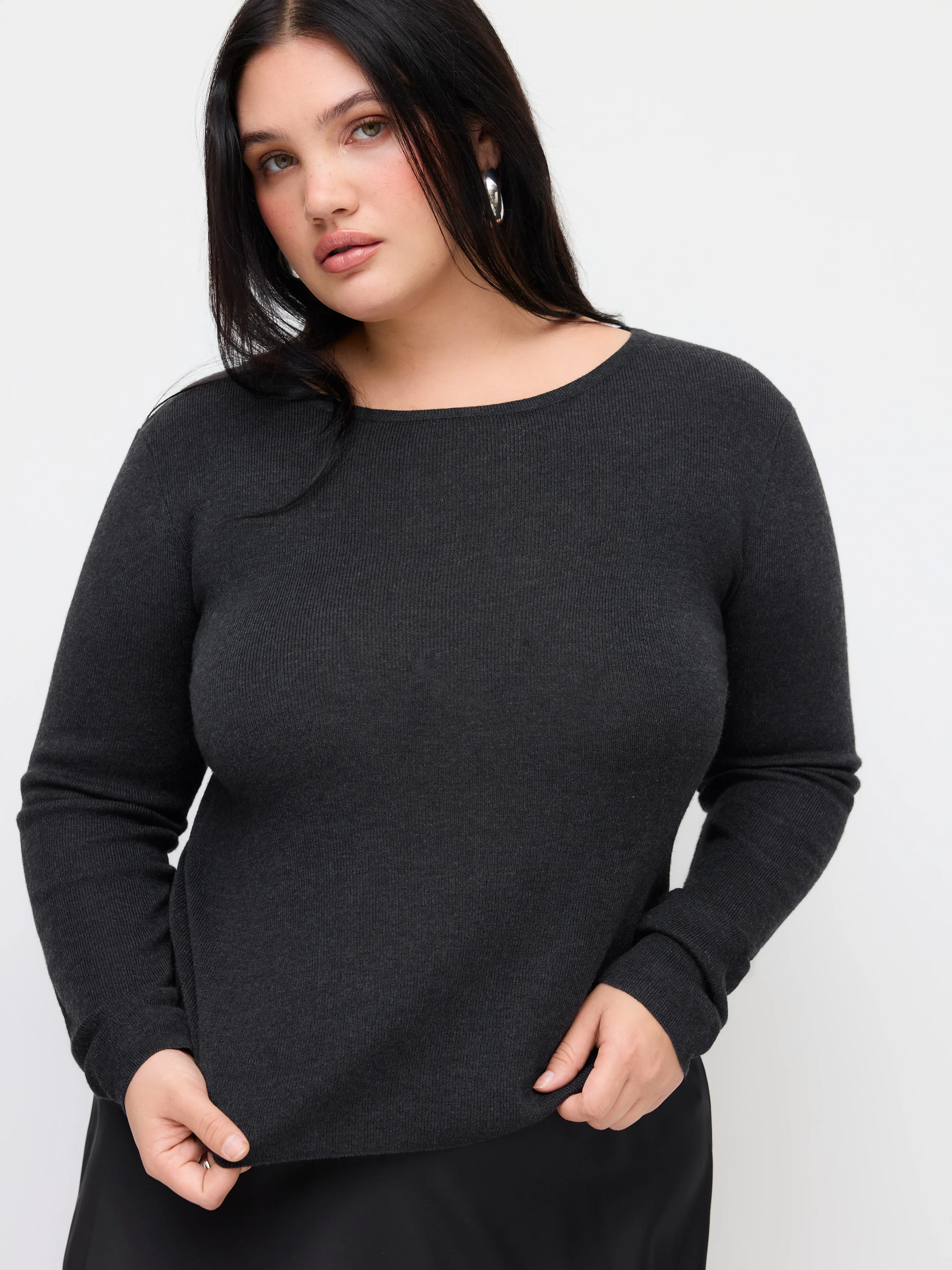 Knit Wool-blend Round Neckline Long Sleeve Top Curve & Plus