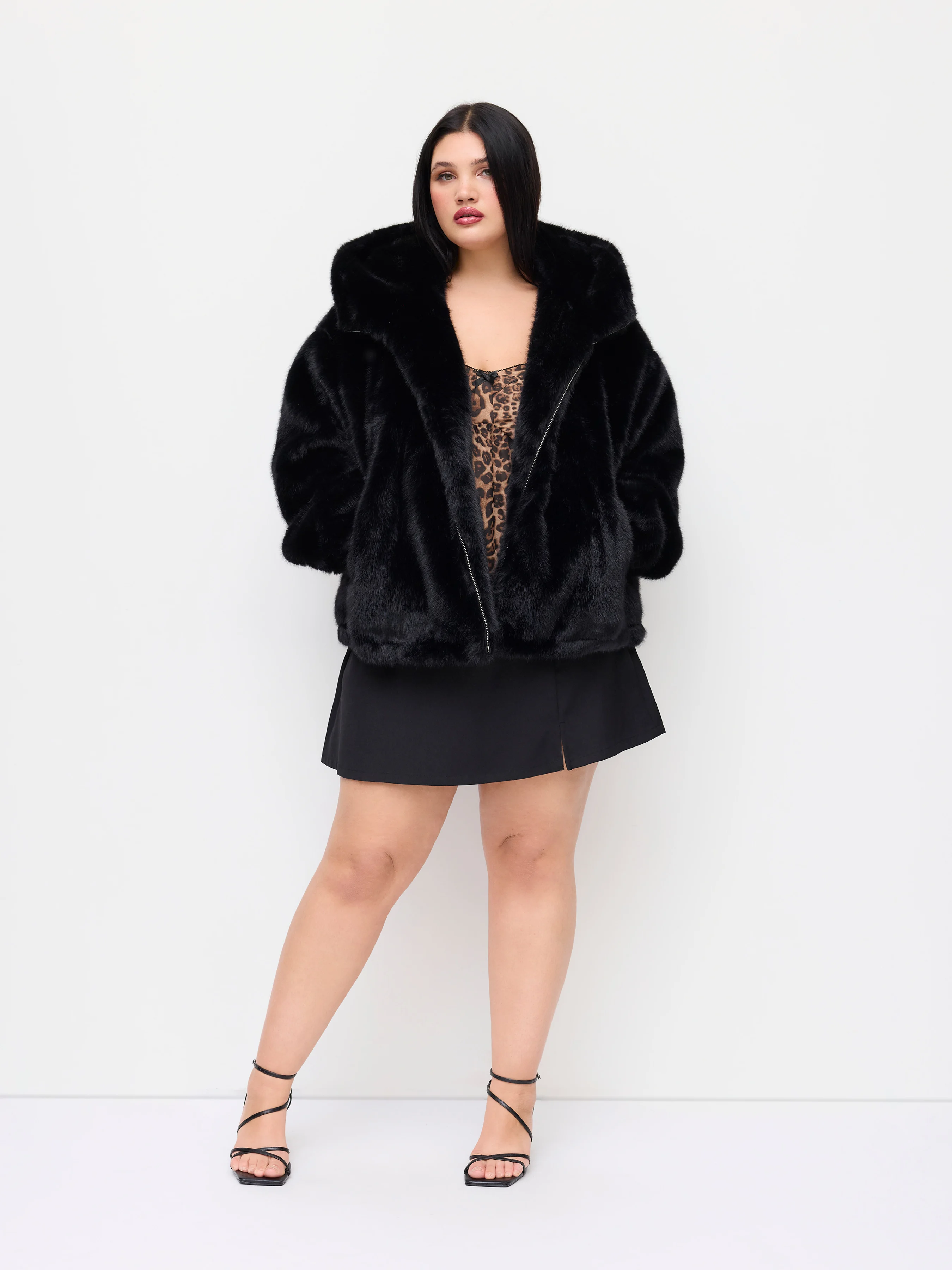 Faux Fur Hooded Long Sleeve Zip Through Drawstring Oversized Jacket Curve & Plus