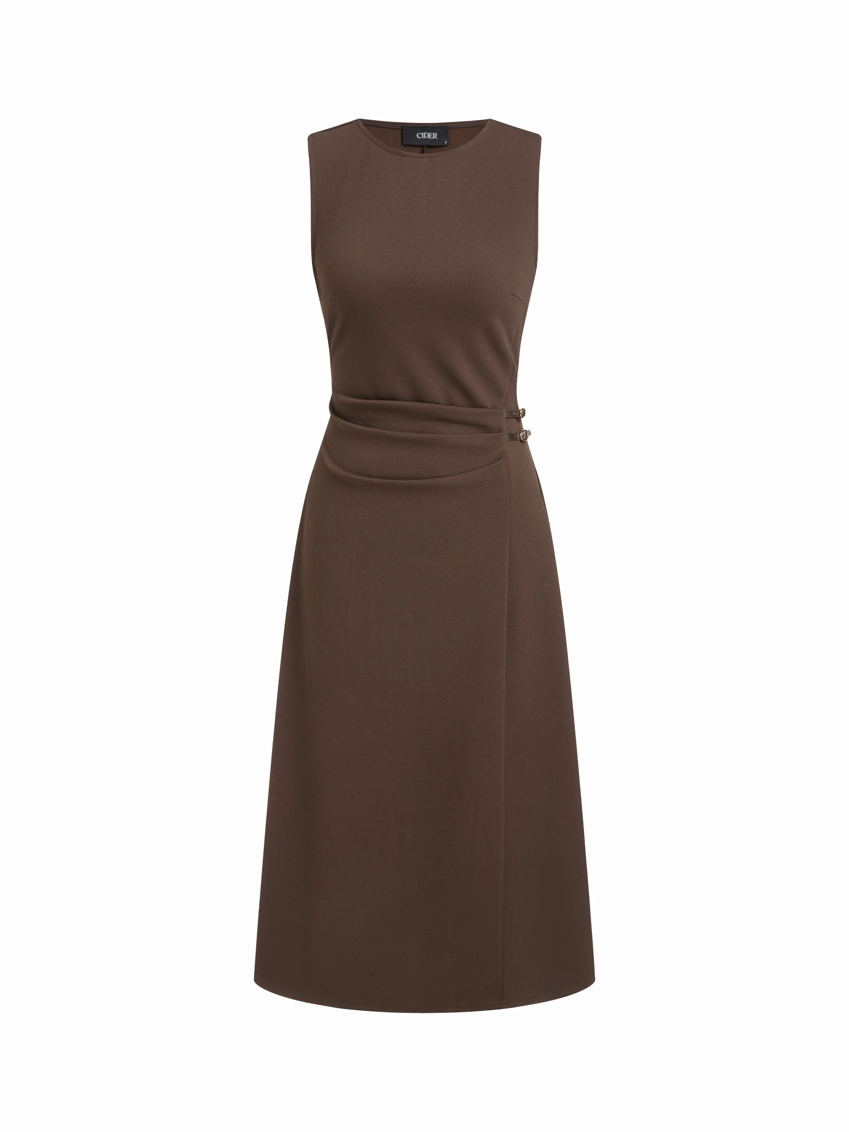 Round Neckline Belted Zip Through Ruched Midi Dress
