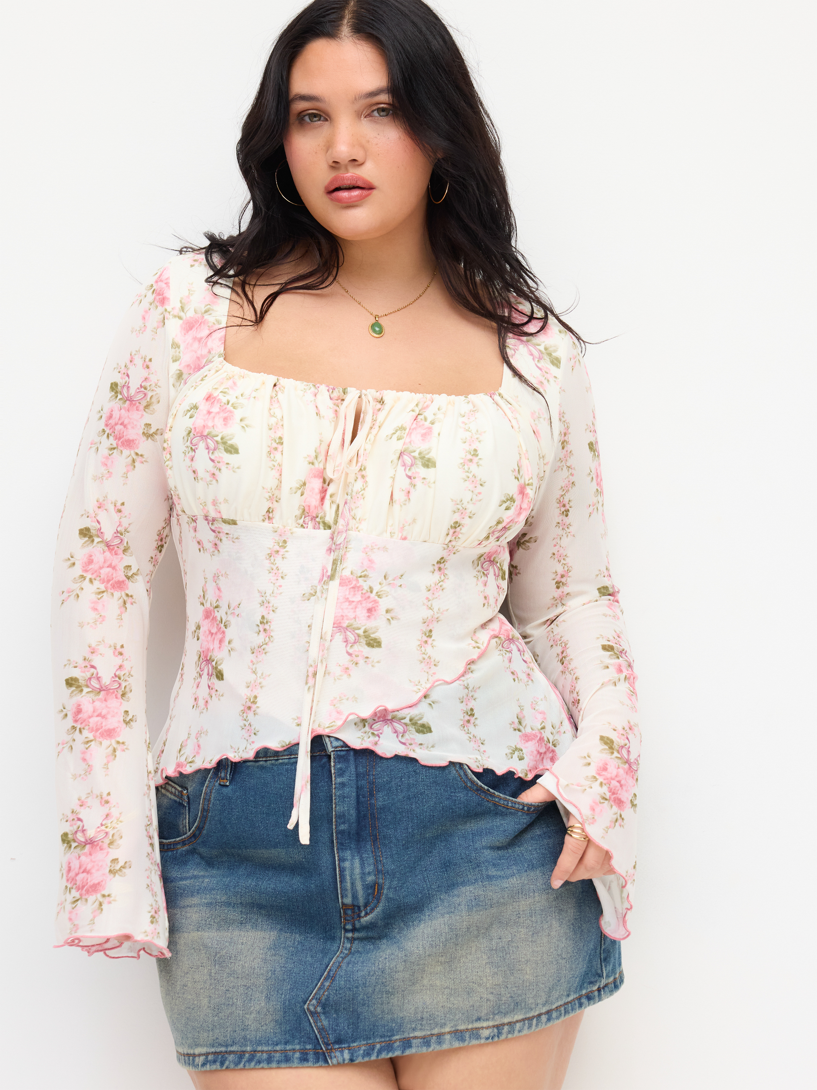 Mesh Square Neck Floral Lettuce Trim Drawstring Ruched Long Sleeve Top Curve & Plus