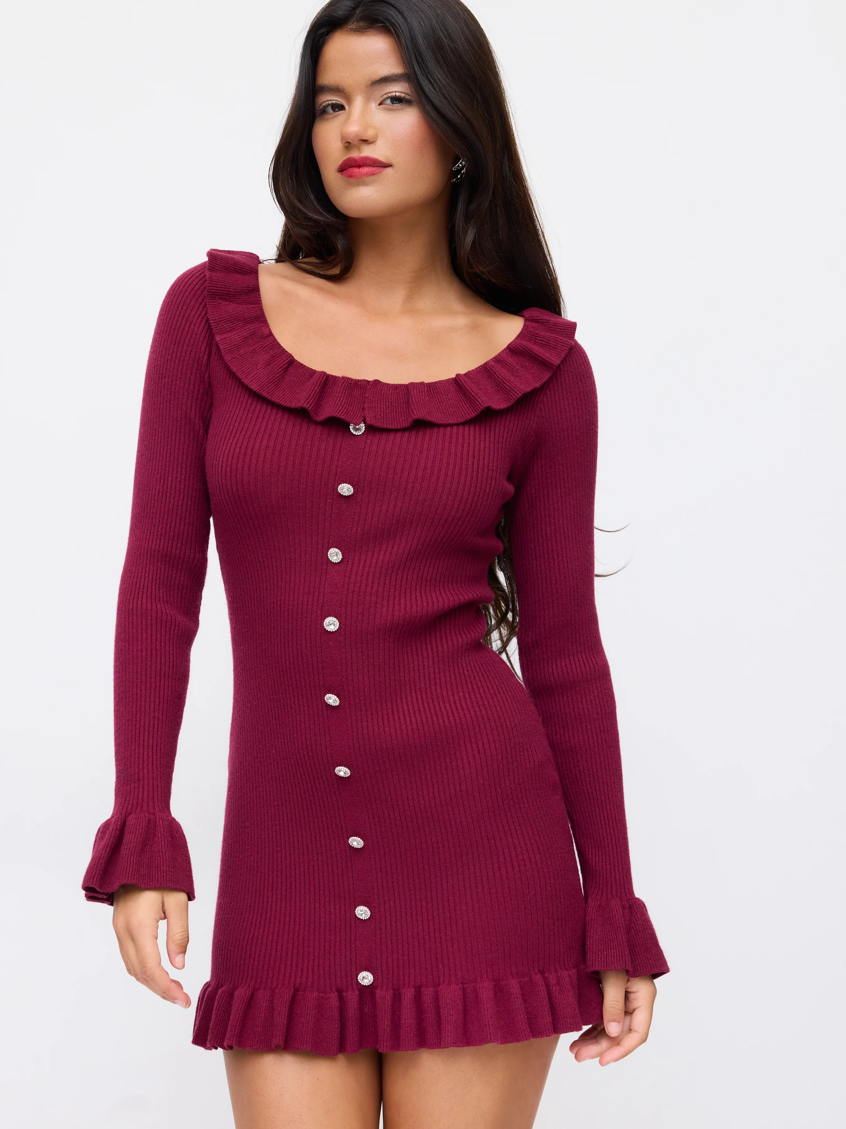 Knit Round Neckline Button Ruffle Long Sleeve Mini Dress