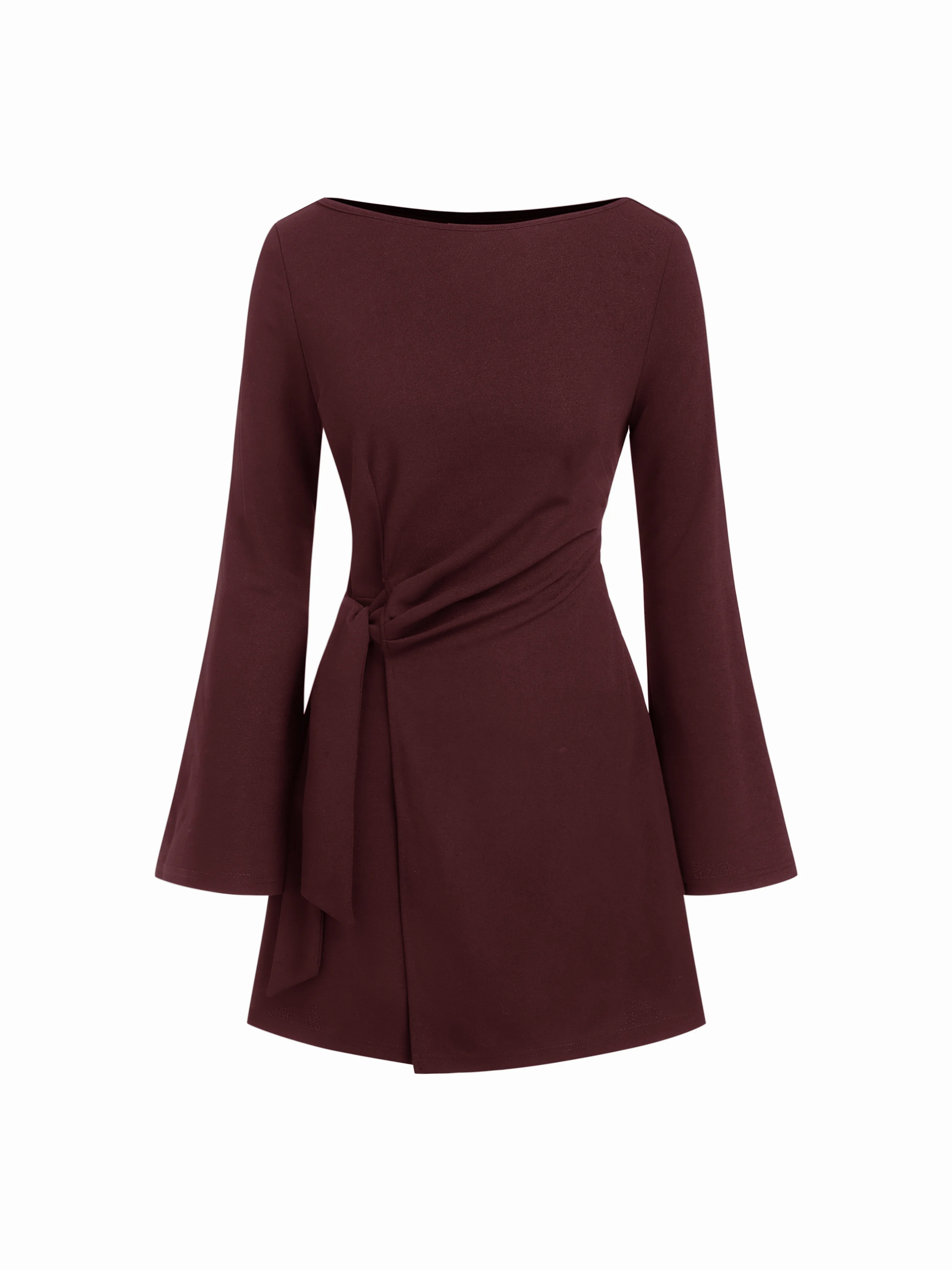 Boat Neck Bell Sleeve Tie Side Ruched Mini Dress