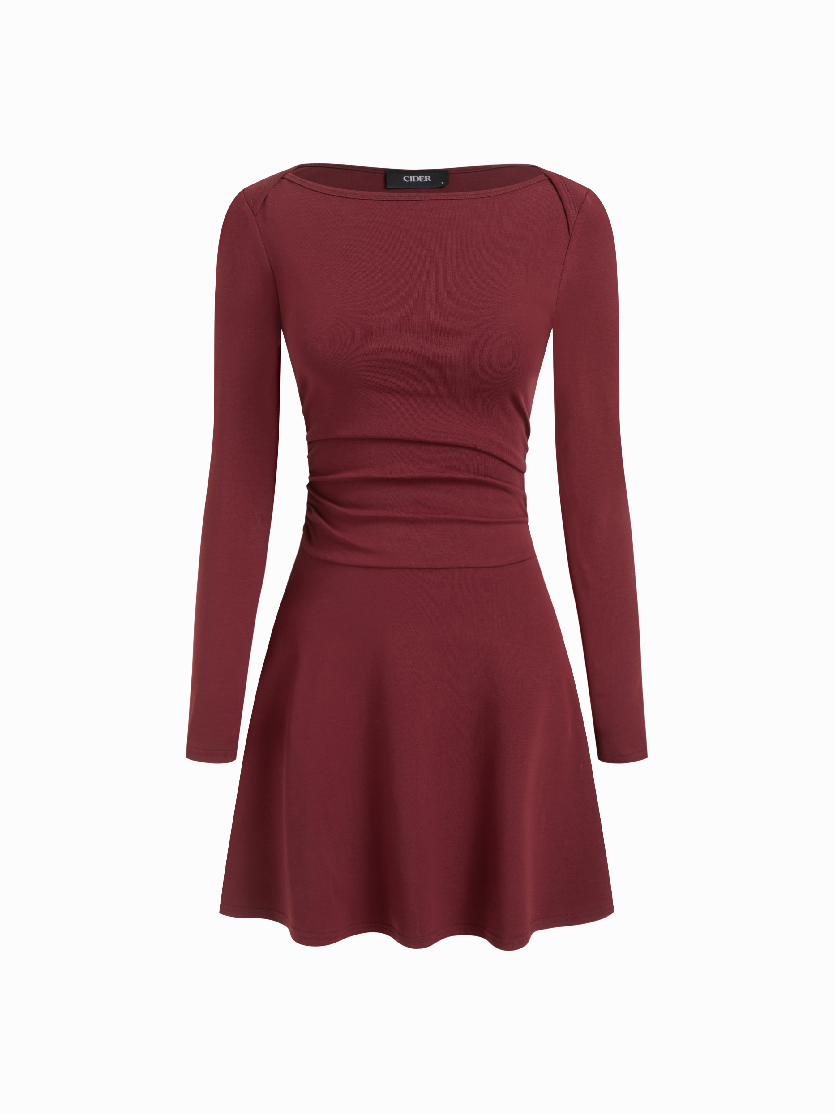 Cotton-blend Boat Neck Long Sleeve Ruched Flared Mini Dress