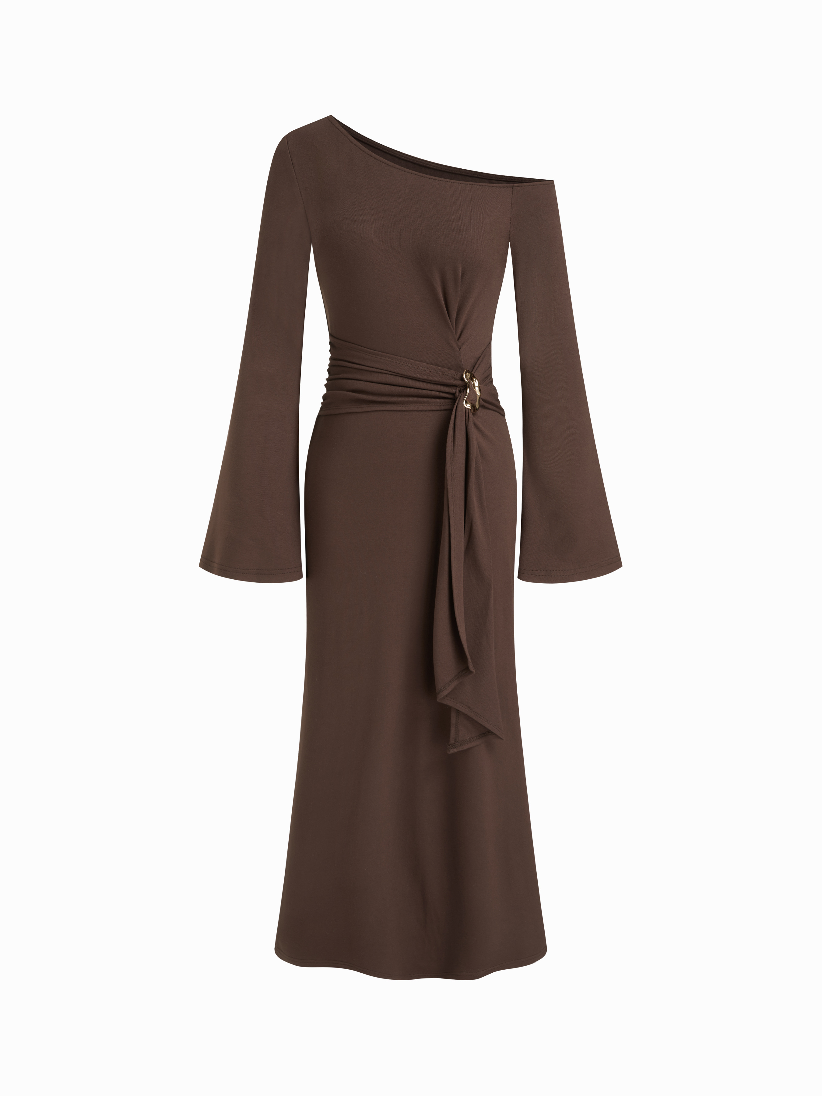 Asymmetrical Neck Metal Detail Ruched Draped Bell Sleeve Midi Dress