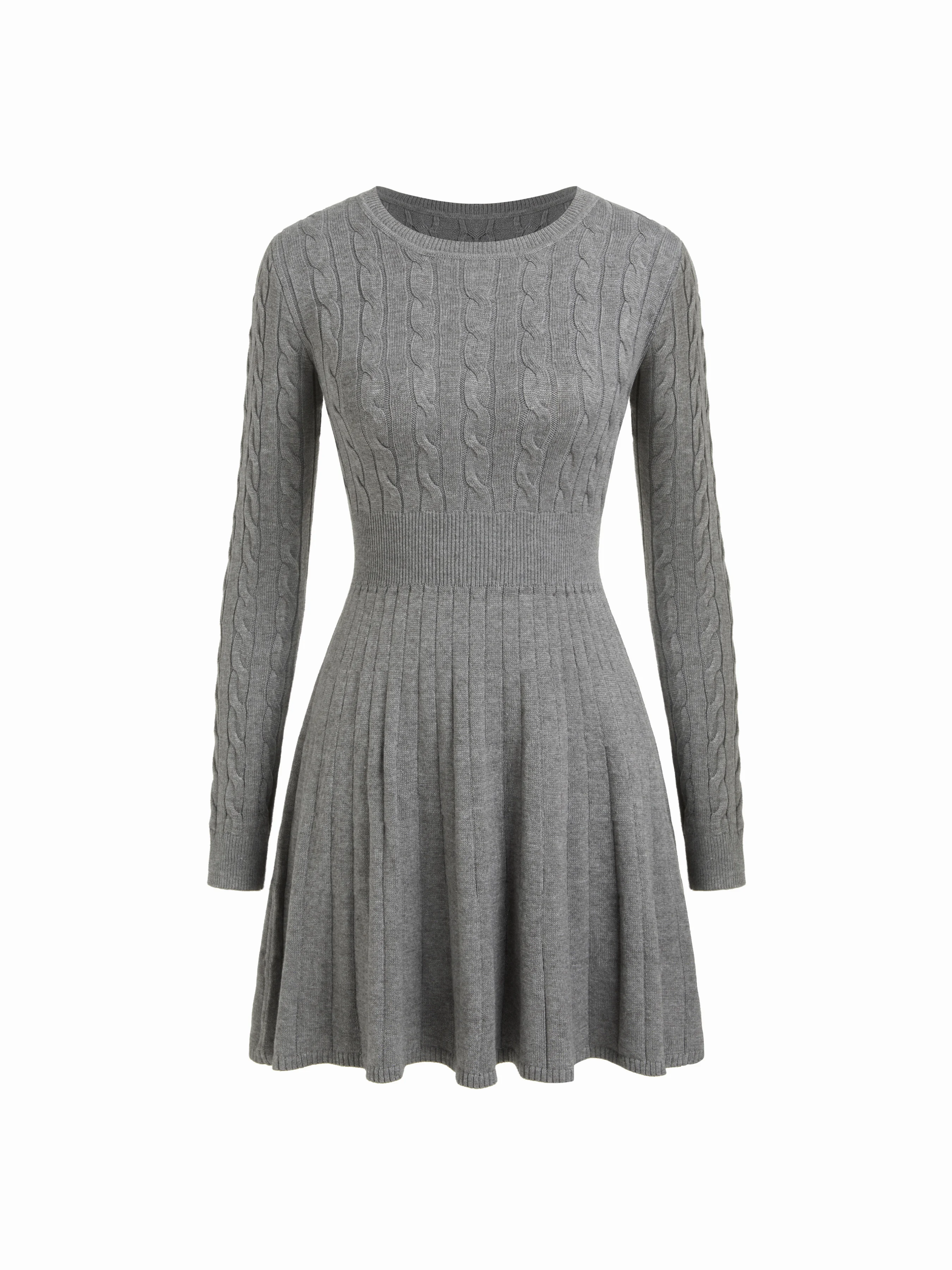 Cable Knit Round Neck A-Line Mini Dress