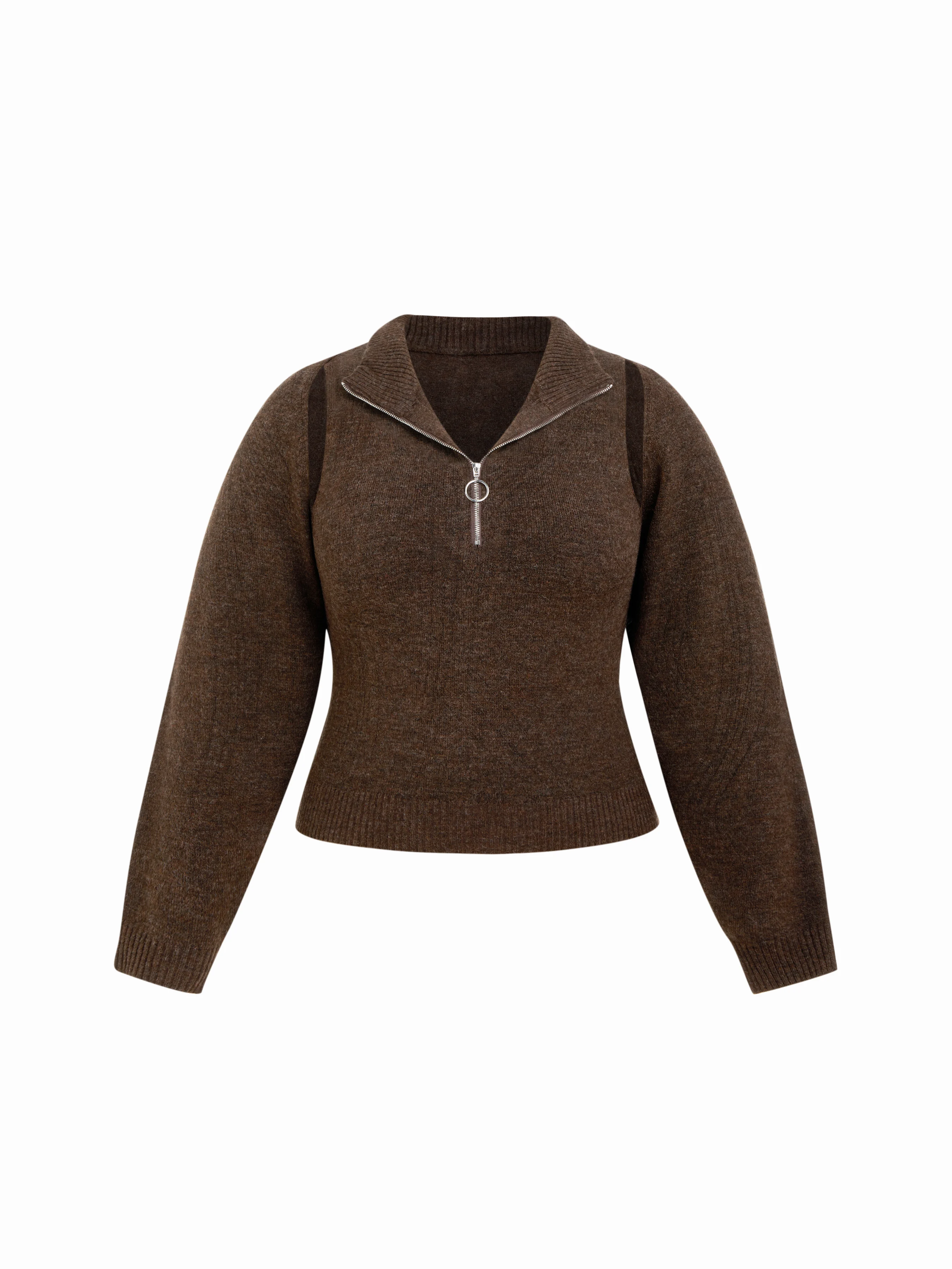 Two Pieces Knit Collar Half Zip Tank Top & Crop Shrug Curve & Plus
