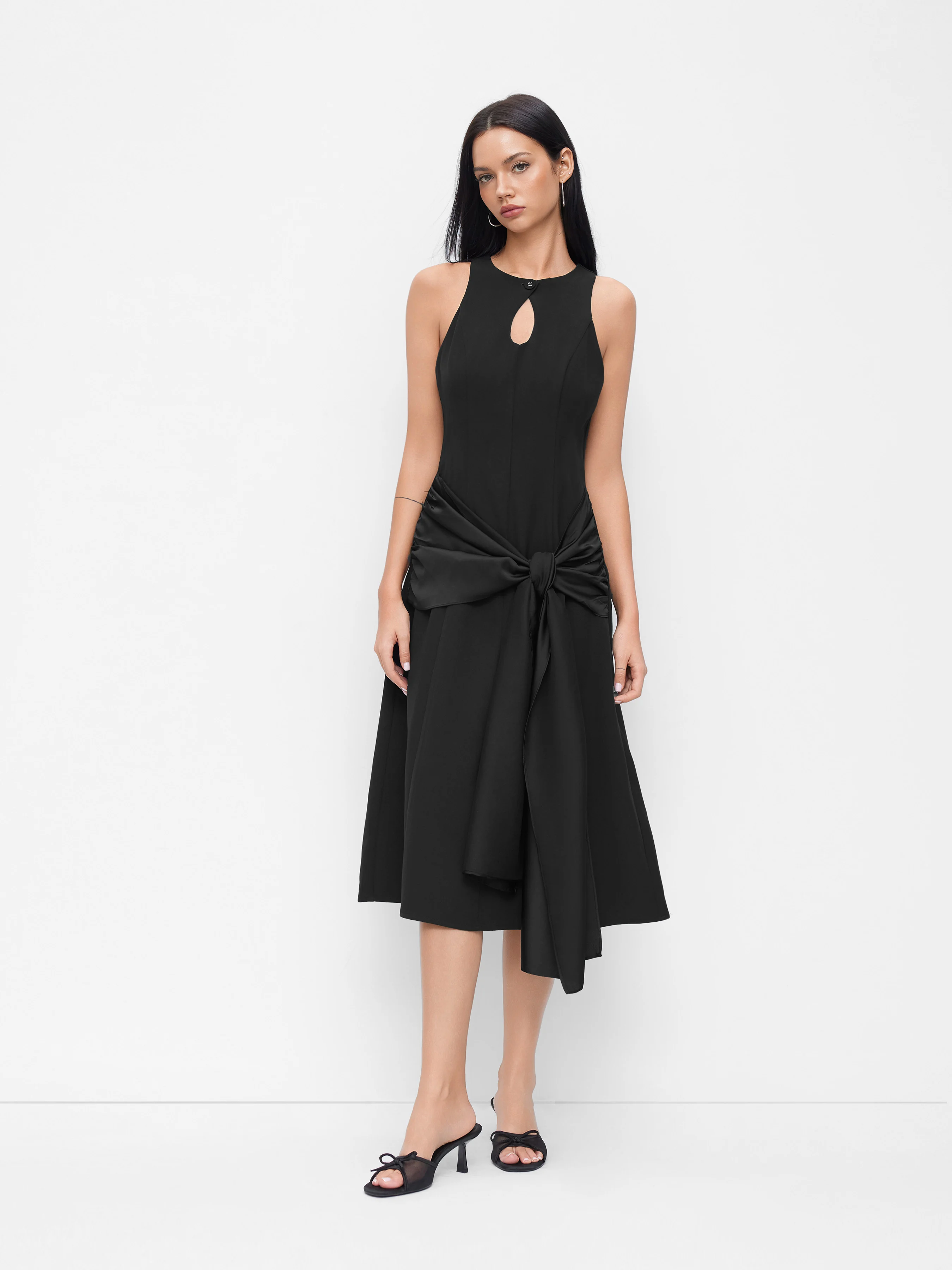 Round Neckline Cut Out Knotted Draped Midi Dress
