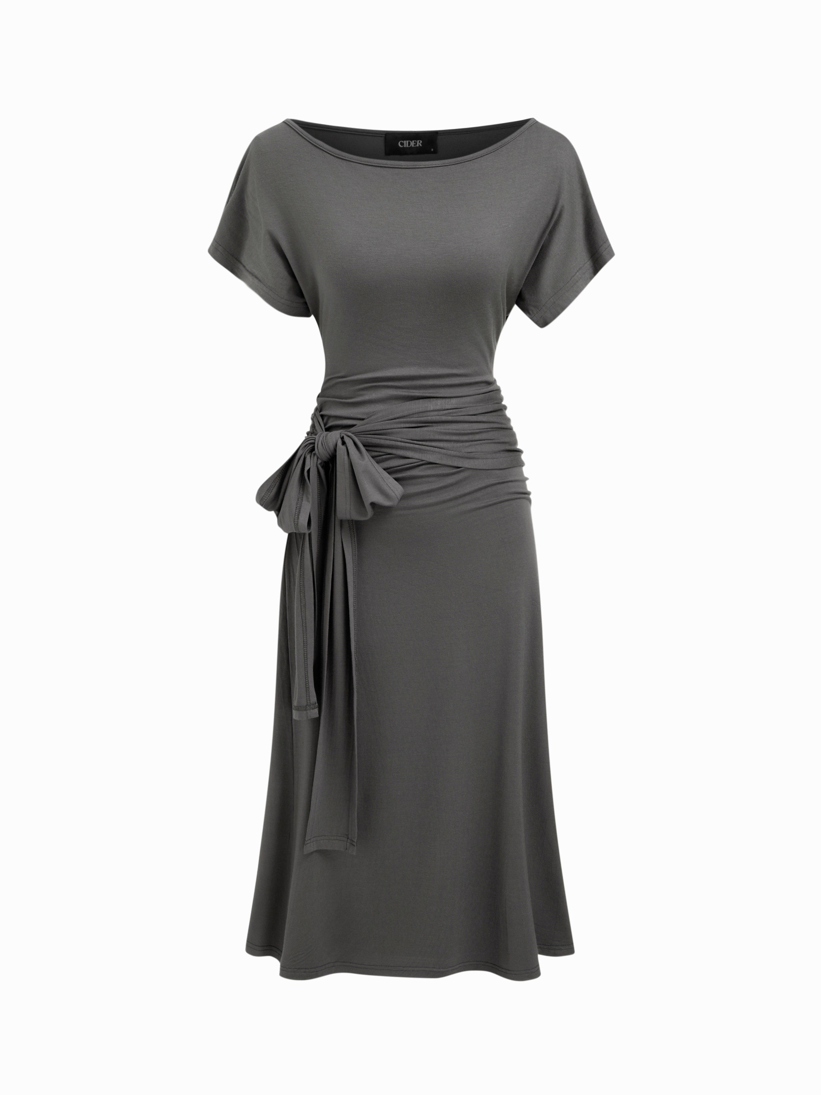 Asymmetrical Neck Short Sleeve Knotted Ruched Midi Dress