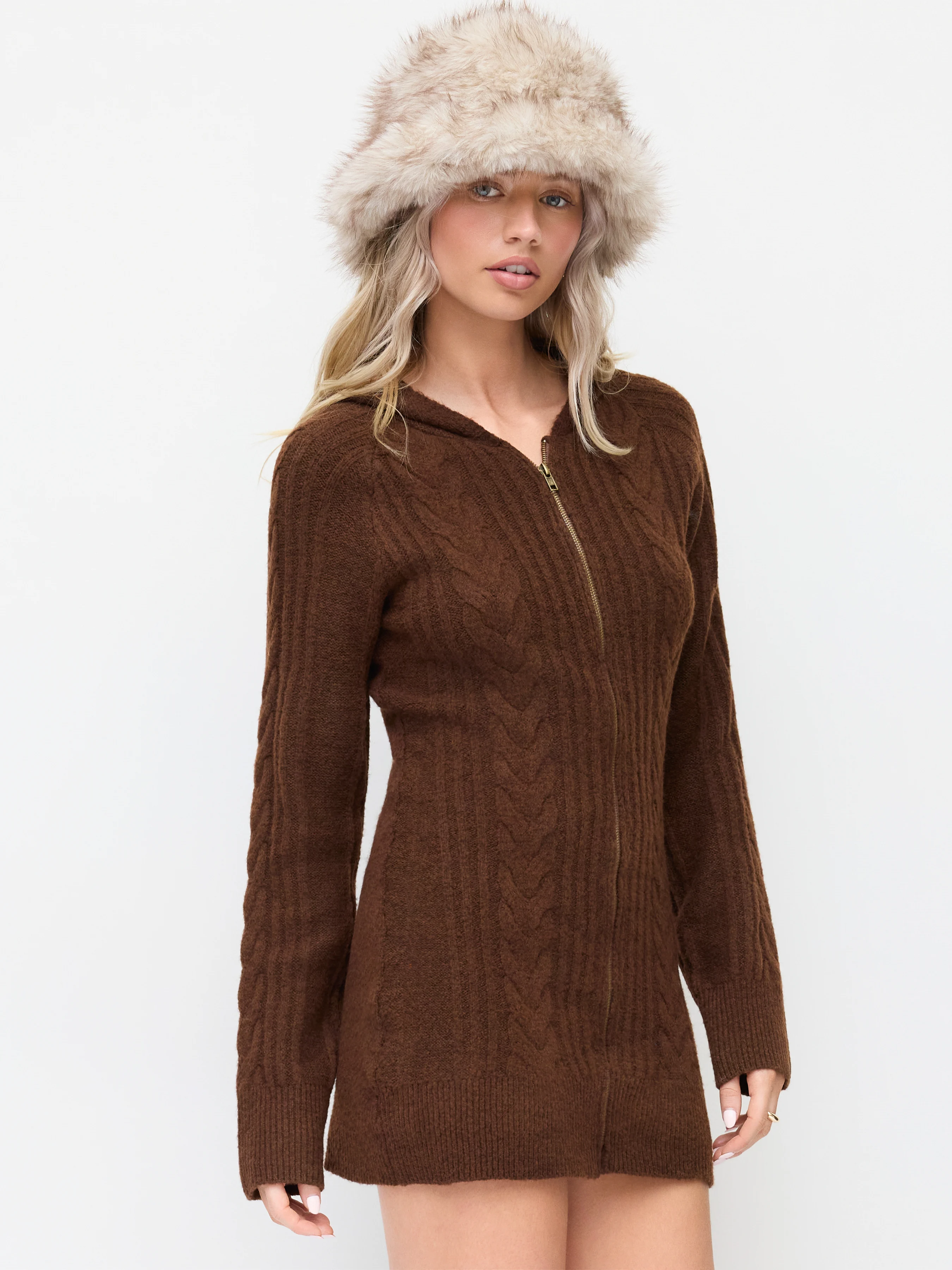Knit Hooded Zip Through Cable Knit Mini Dress