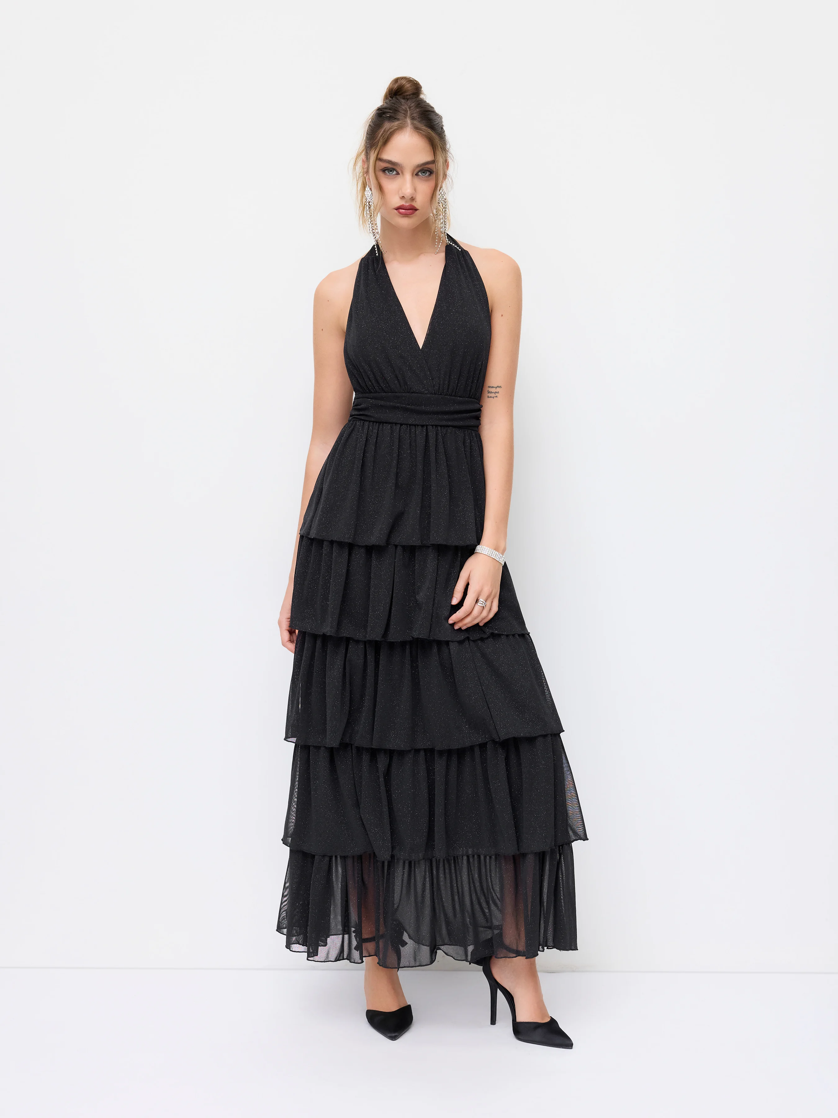 Mesh Halter Neckline Glitter Backless Layered Ruched Maxi Dress