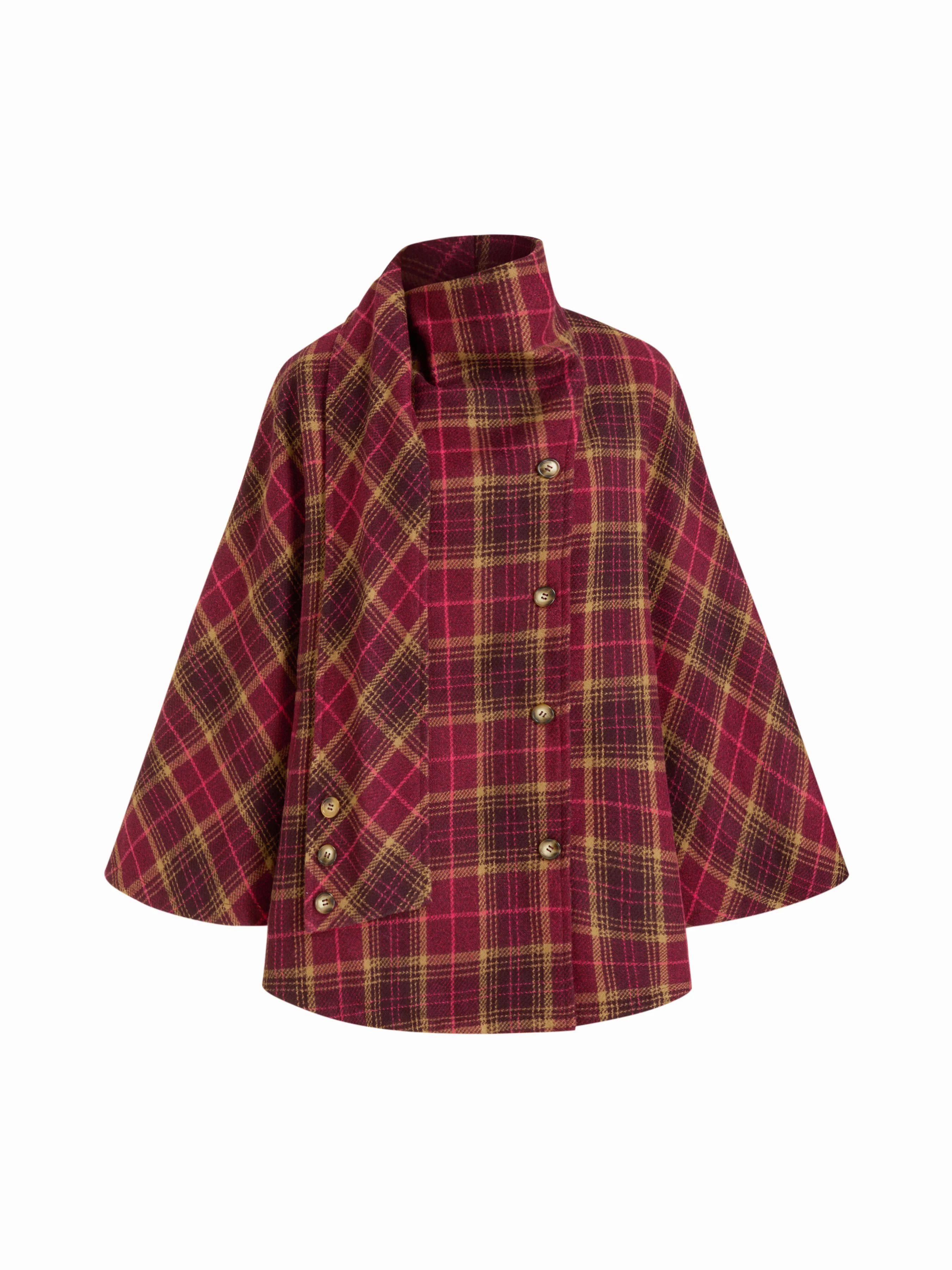 Wool-Look Plaid Cloak Sleeve Oversized Coat With Scarf
