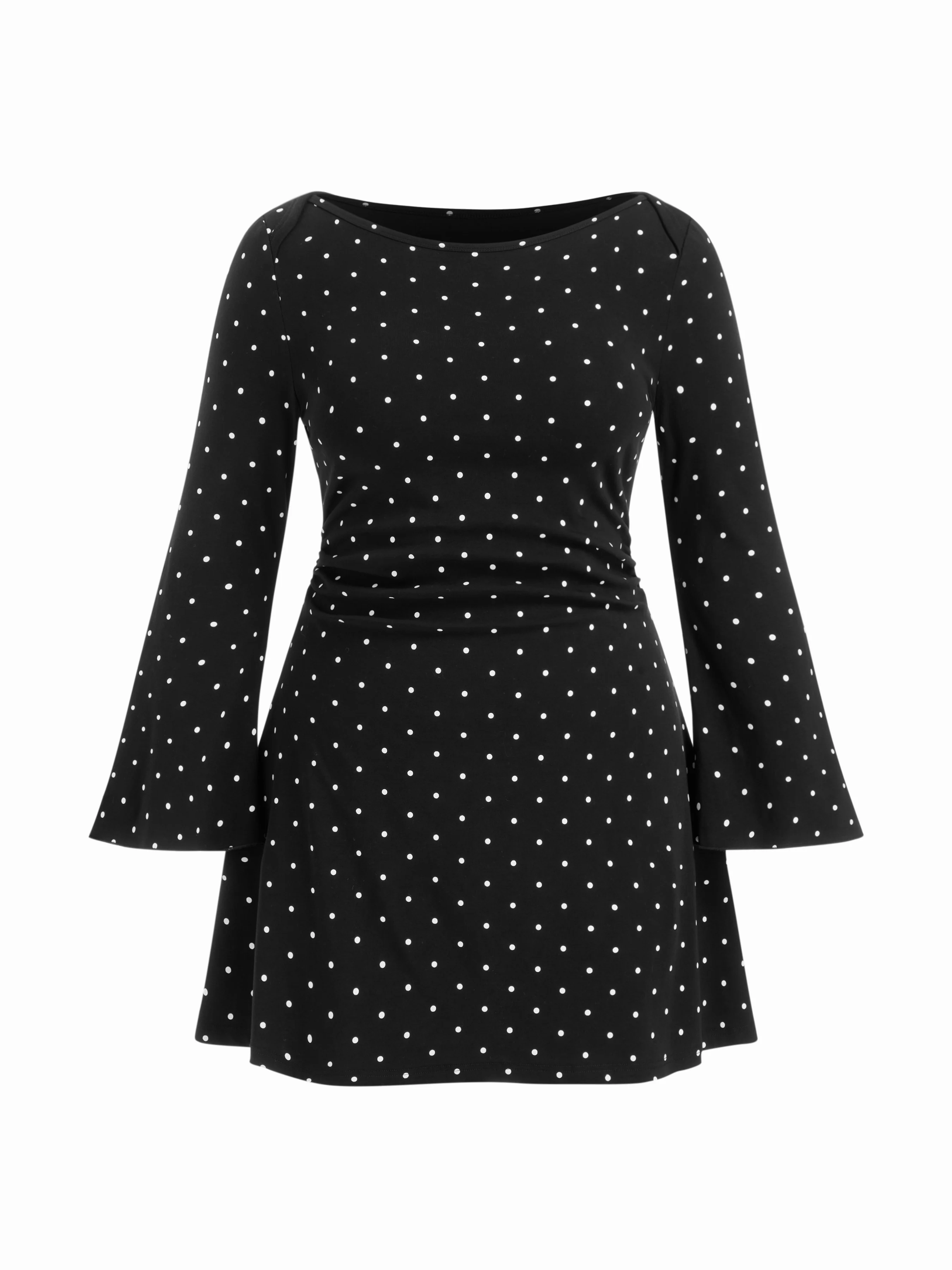 Cotton-blend Boat Neck Polka Dot Ruched Bell Sleeve Mini Dress Curve & Plus