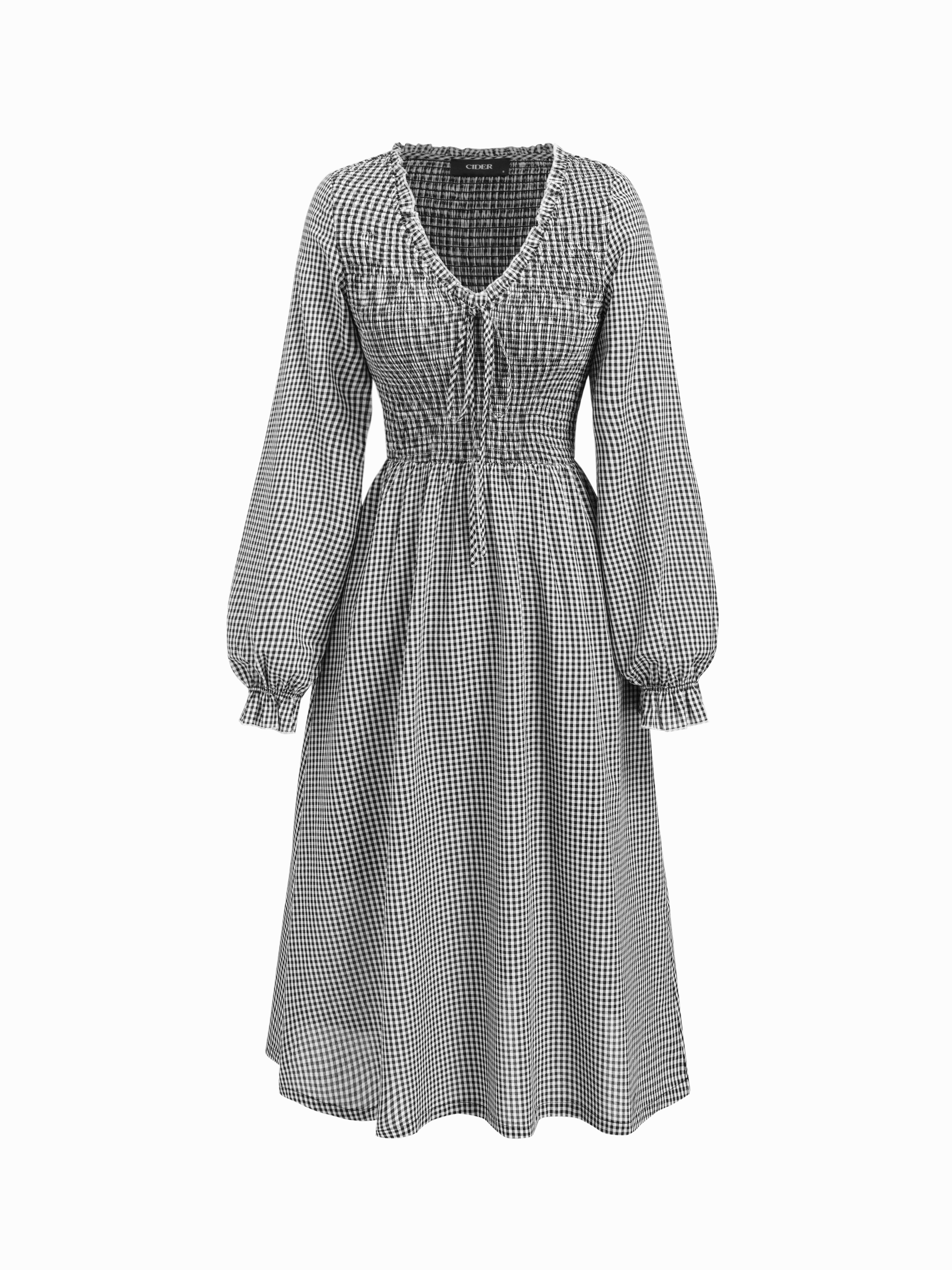 Cotton-blend V-neck Gingham Bowknot Puff Sleeve Flared Midi Dress